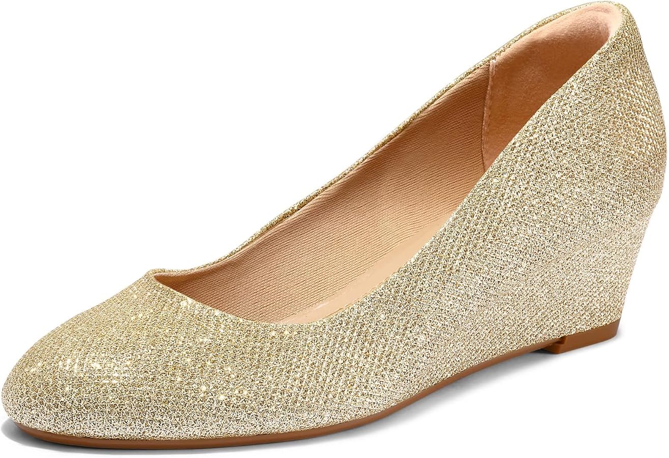 gold wedge dress shoes Mother of the Bride Comfortable Glitter Wedge Pumps, Closed Toe Slip-On Dress Shoes for Wedding Day, Reception & Formal Events