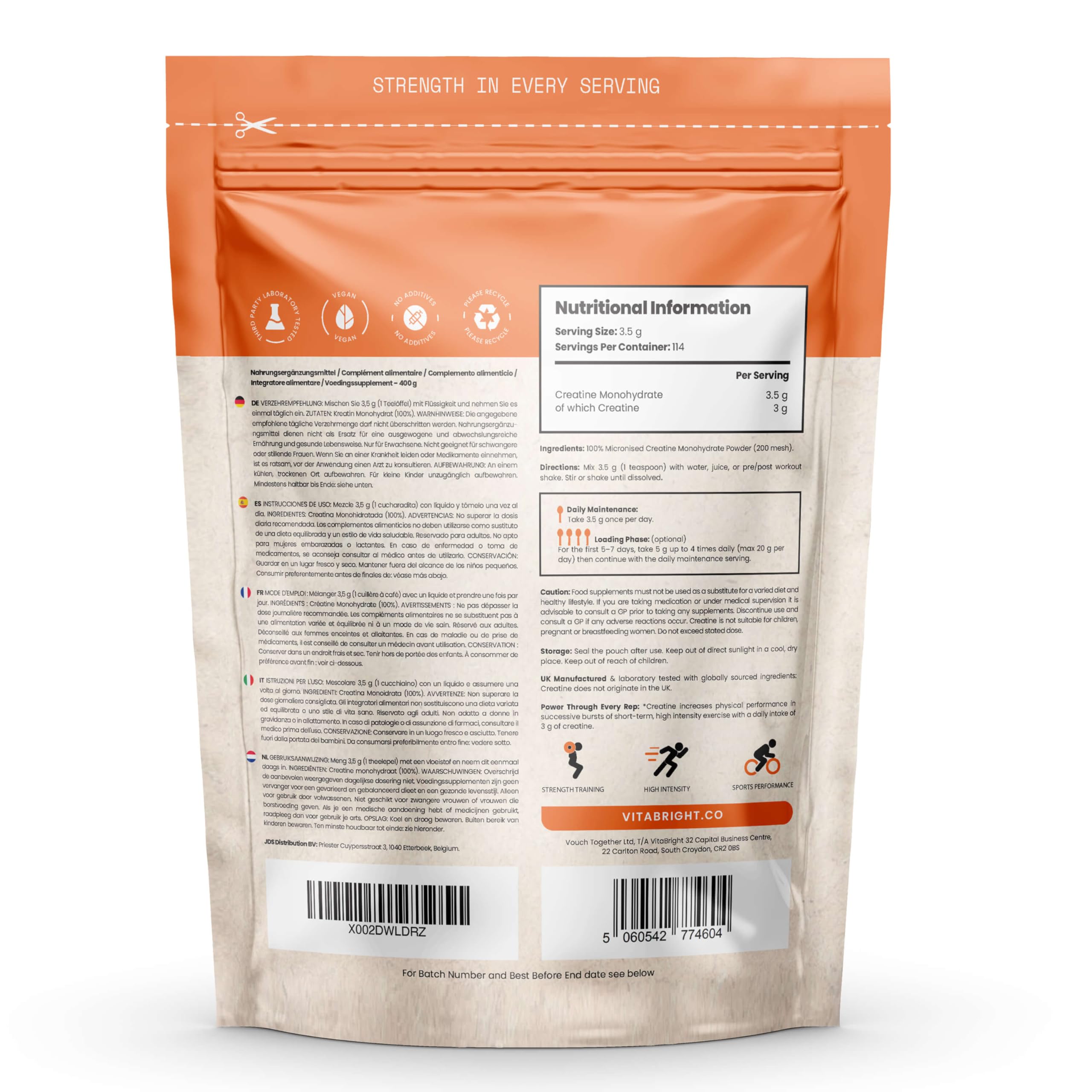 Creatina Monoidrata in Polvere Micronizzata | Busta da 400g | 114 Porzioni | Creatina Monohidrato Polvere Ultra Fine 200 Mesh a Rapido Scioglimento (Non Capsule) | Vitabright Creatine Monohydrate