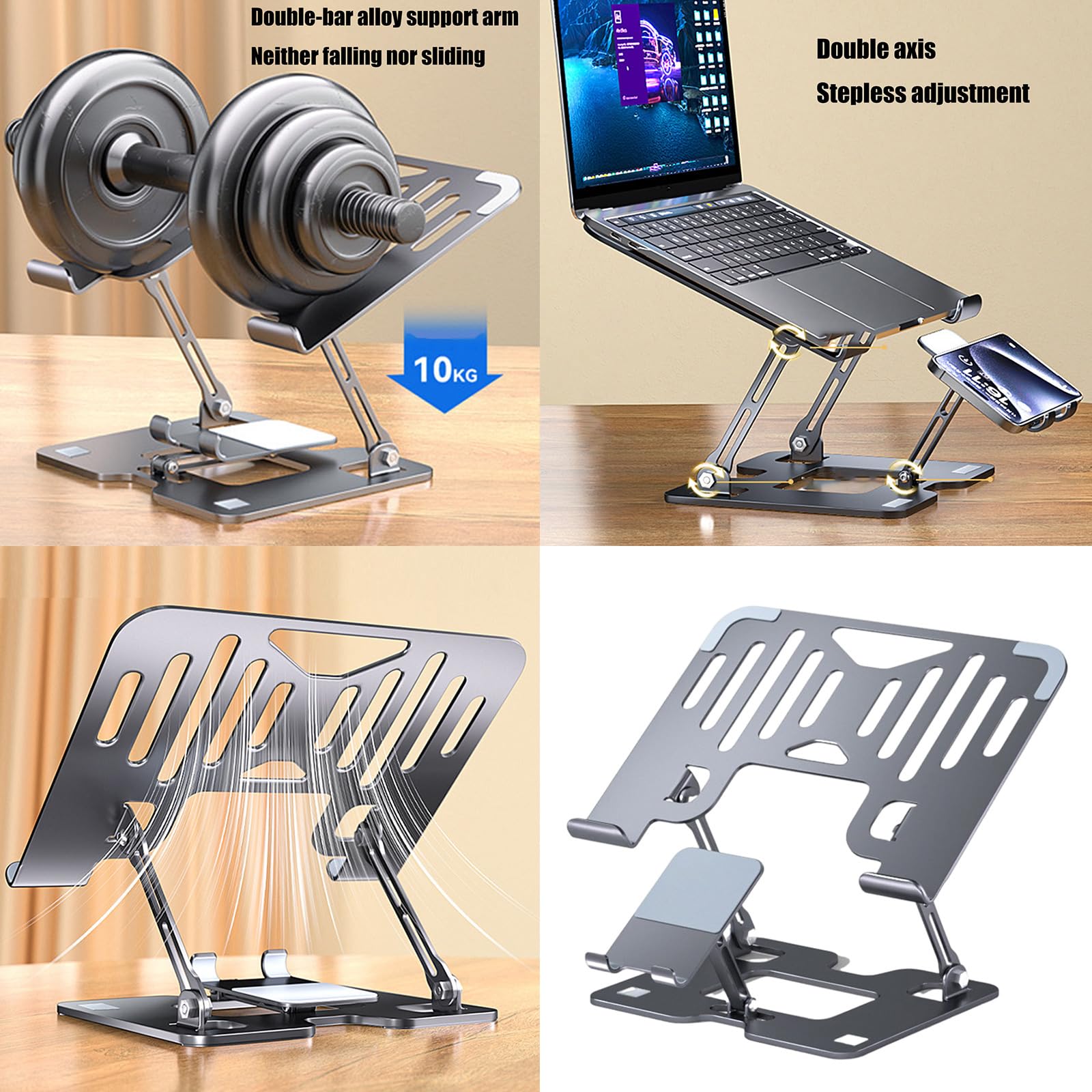 Supporto per laptop in lega di acciaio regolabile in altezza Base ventilata pieghevole imbottitura in silicone antiscivolo Ampia compatibilità Regolazione ergonomica Supporto per laptop