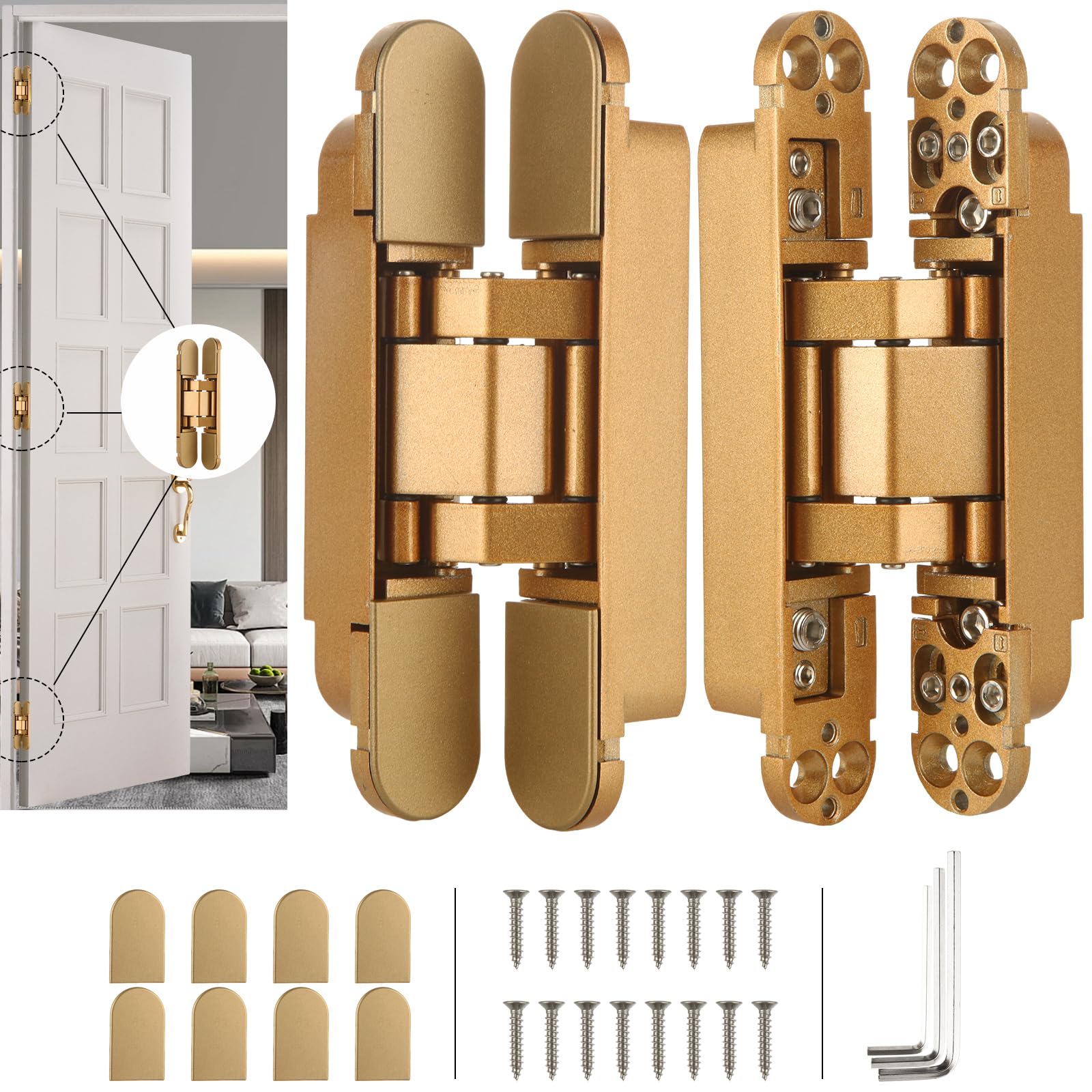 QTLCOHD Paquete de 2 bisagras ocultas de puerta de 6 pulgadas, bisagras de puerta invisibles ajustables de 3 vías de 180 grados, bisagra oculta de aleación de zinc, dorado, 6 x 2.5 x 1 pulgadas