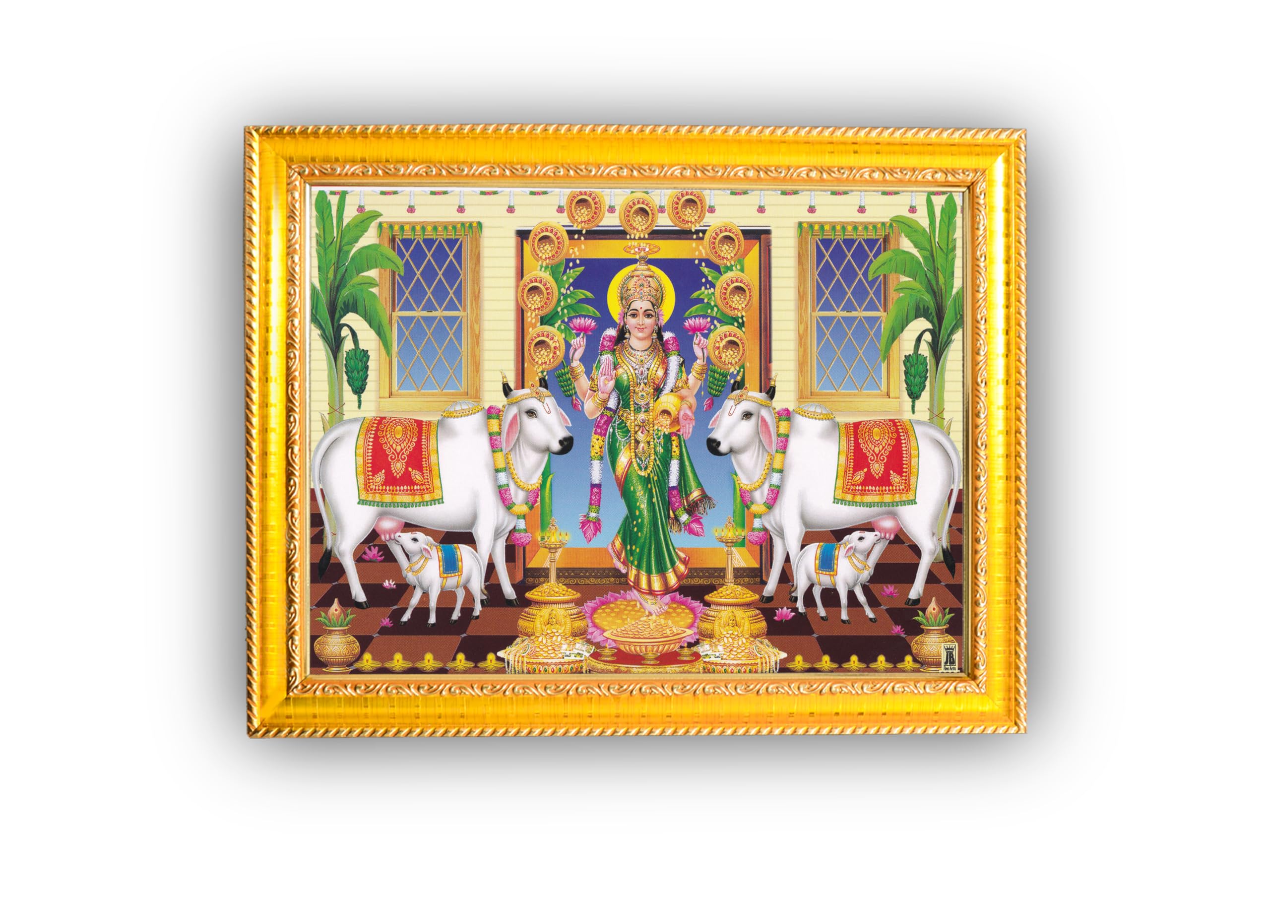 **Goddess Lakshmi Devi Gruhalakshmi Wall Painting | Framed Home Decor | Wooden Matte Gold | Small 6x8 Inch | Hindu Spiritual Art | Cow & Wealth Blessings | Pooja Room, Vastu, Living Room Decor | Gift Item** 1