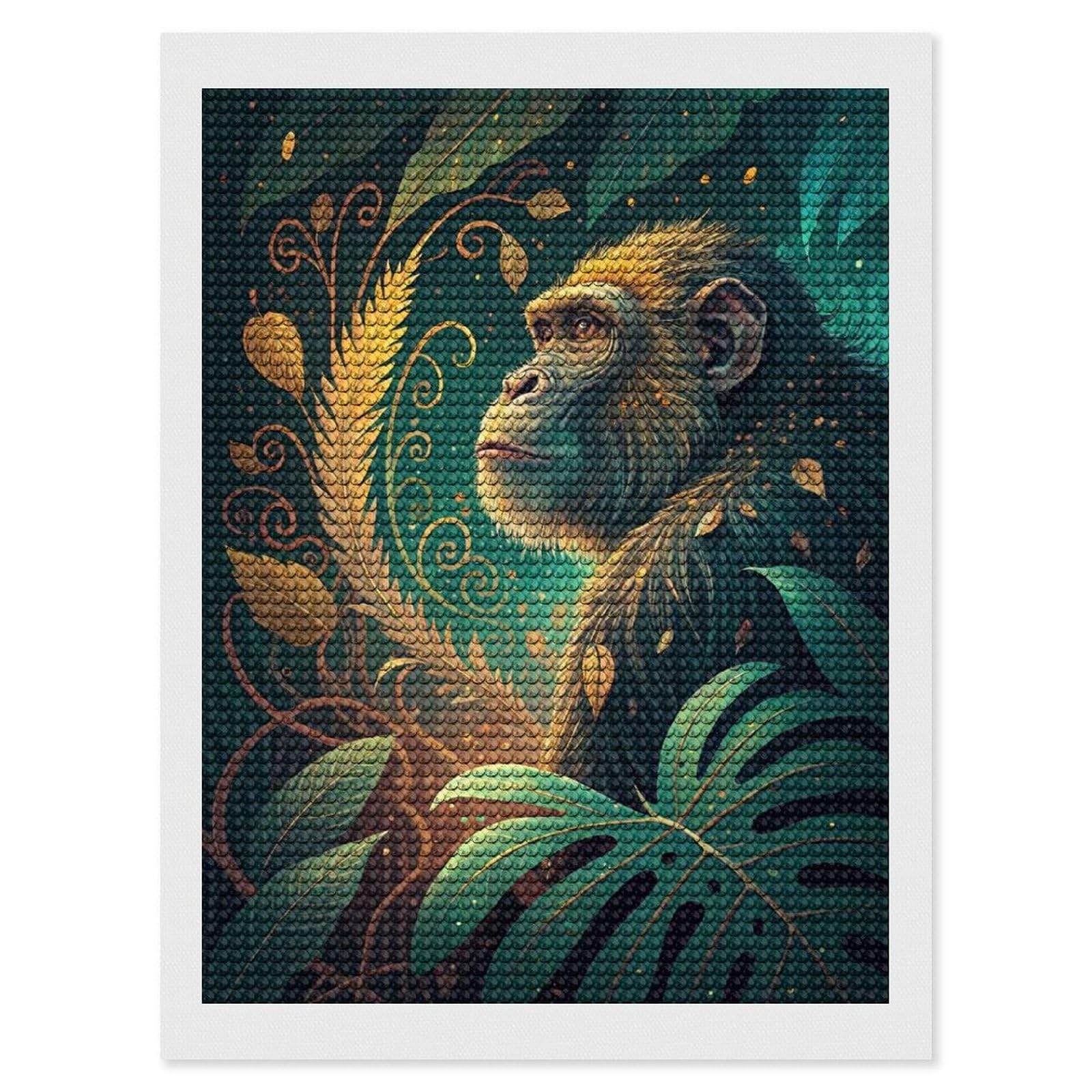 Junmoney Chimpanzee in Lush Jungle Illustration Diamond Art Canvas 12"x16", for Adults, Mindful Craft Activity, Modern Decor, Christmas Gift, Full Kit Included