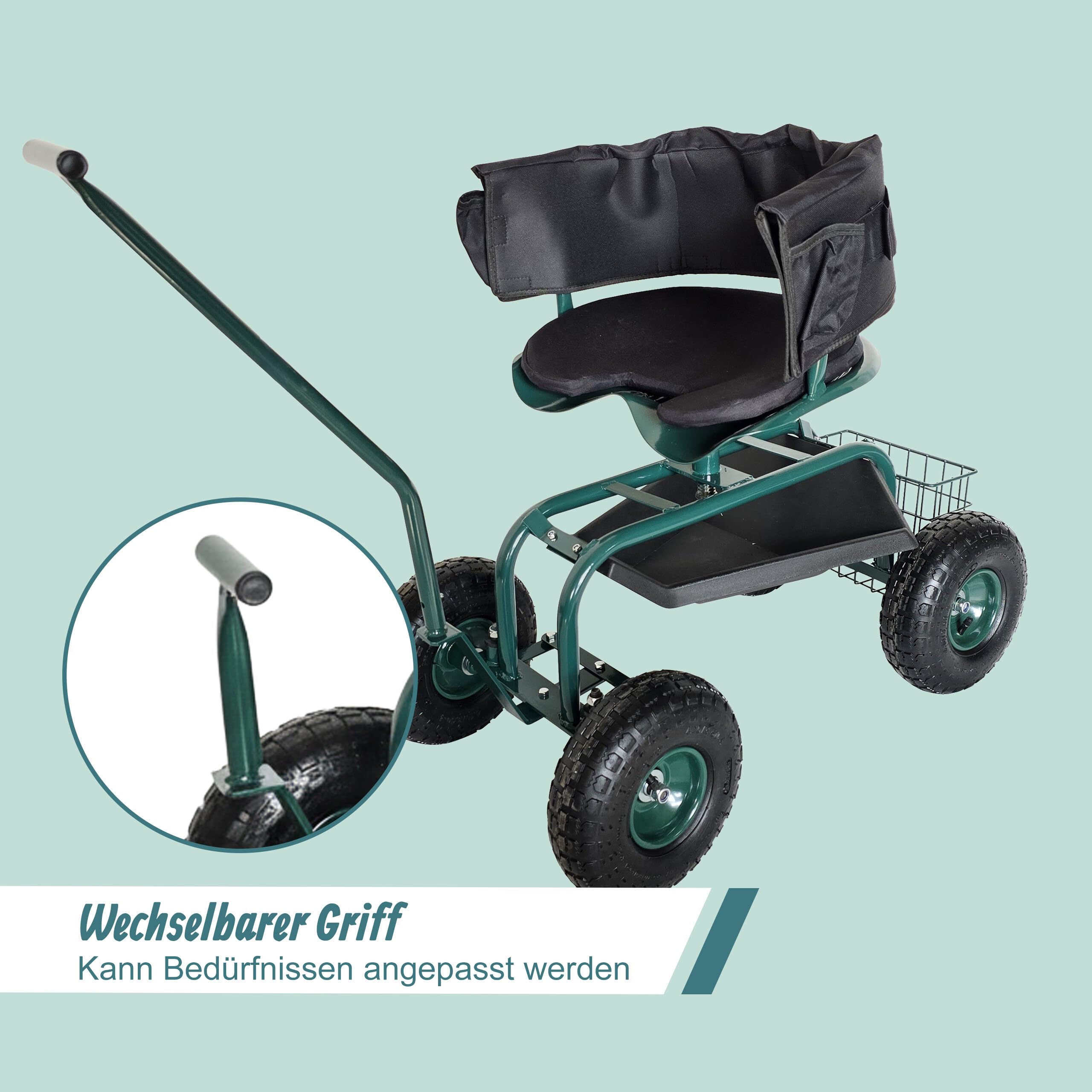 Relaxdays fahrbarer Gartensitz, höhenverstellbar, 150 kg, Stauraum, Lenkstangen, Sitzkissen, Lehne, Gartenwagen, grün
