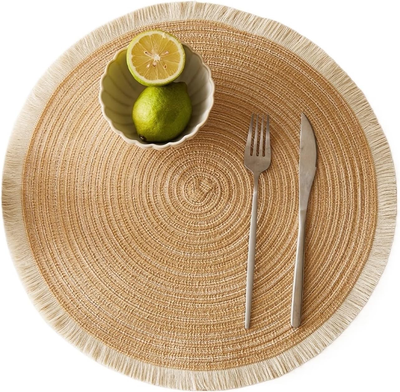 4pcs/Set Fringe Eco-Friendly Household Non-Slip Morden Style Table Woven Placemats Polyester Round Mat(Orange)