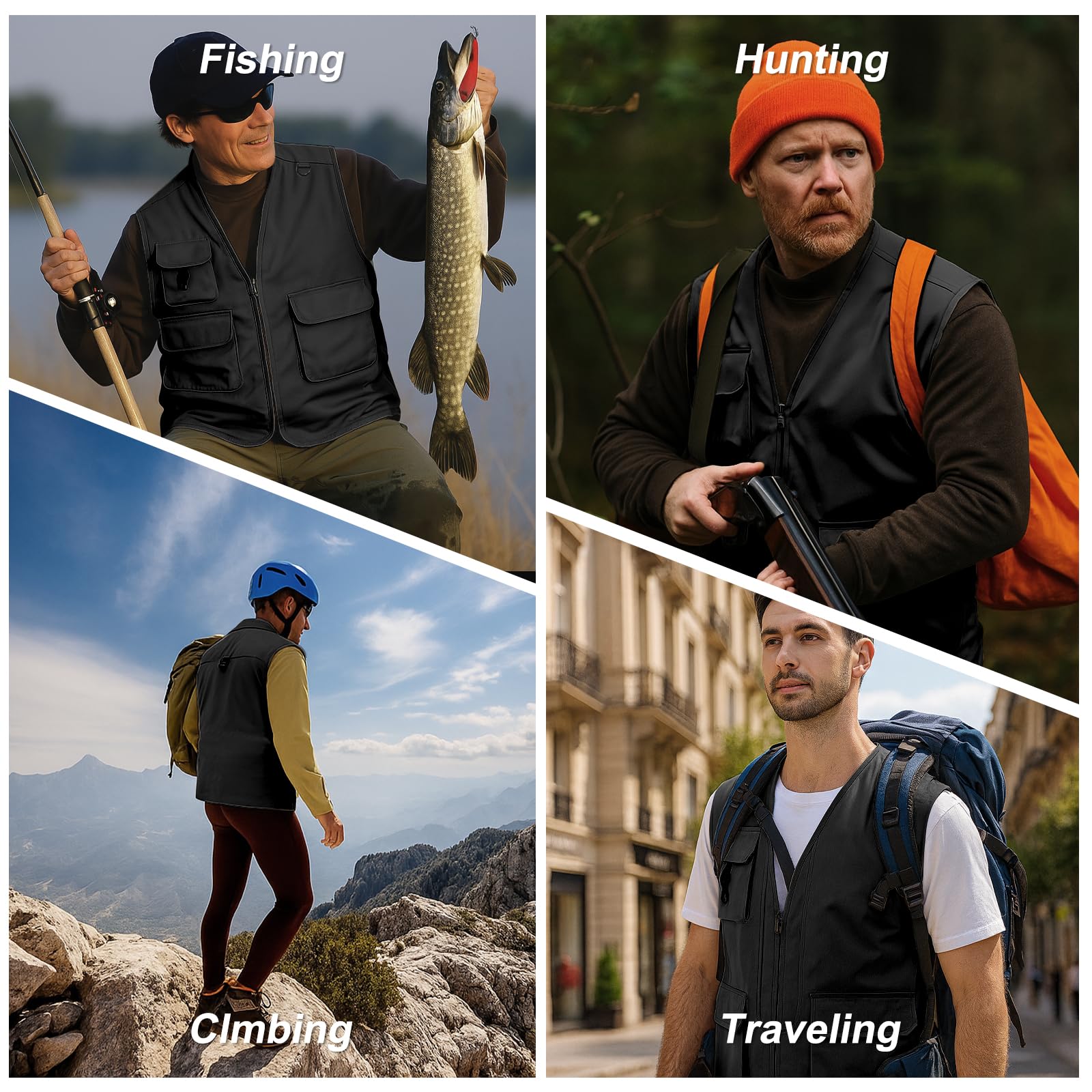 HYCOPROT Chaleco de Pesca para Hombre Outdoor Viaje Chaleco Casual Sin Mangas Ligero Impermeable Chaqueta Cargo Utility Abrigo de Invierno con 5 Bolsillos para Caza Senderismo Entrenamiento Escalada