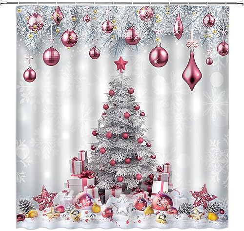 ZRUWUA Cortina de ducha de Navidad, color rosa y plateado, árbol de pino de Navidad, bolas de copo de nieve, decoración de baño de fantasía, cortina