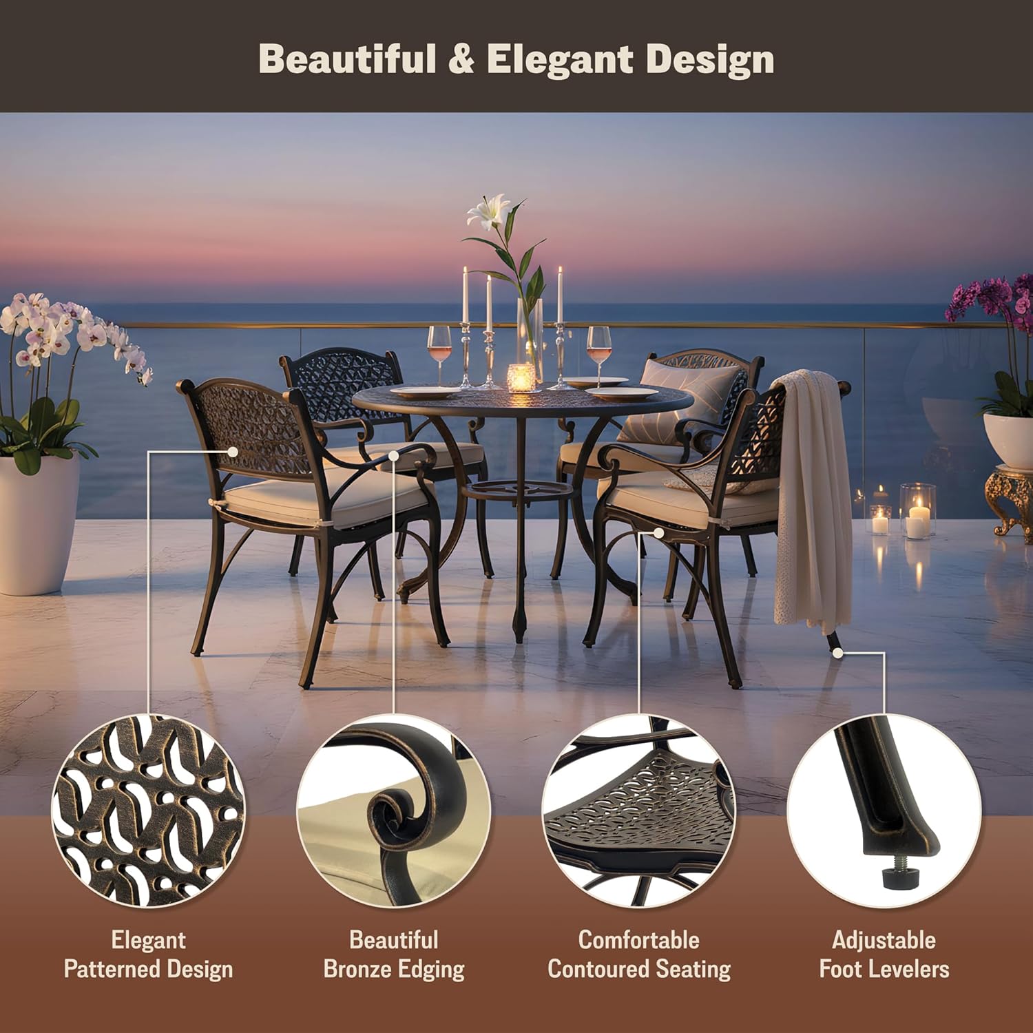 Kinger Home 5-Piece Cast Aluminum Outdoor Dining Furniture Set for 4, Round Patio Table and Chairs for 4 with Cushions, Outdoor Furniture Set with Umbrella Hole, All-Weather Patio Dining Set