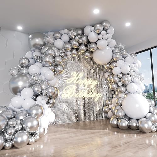 ADOINBY Kit de arco de globos blancos y plateados, 140 piezas de guirnalda de globos de fiesta de confeti blanco metálico plateado y plateado para