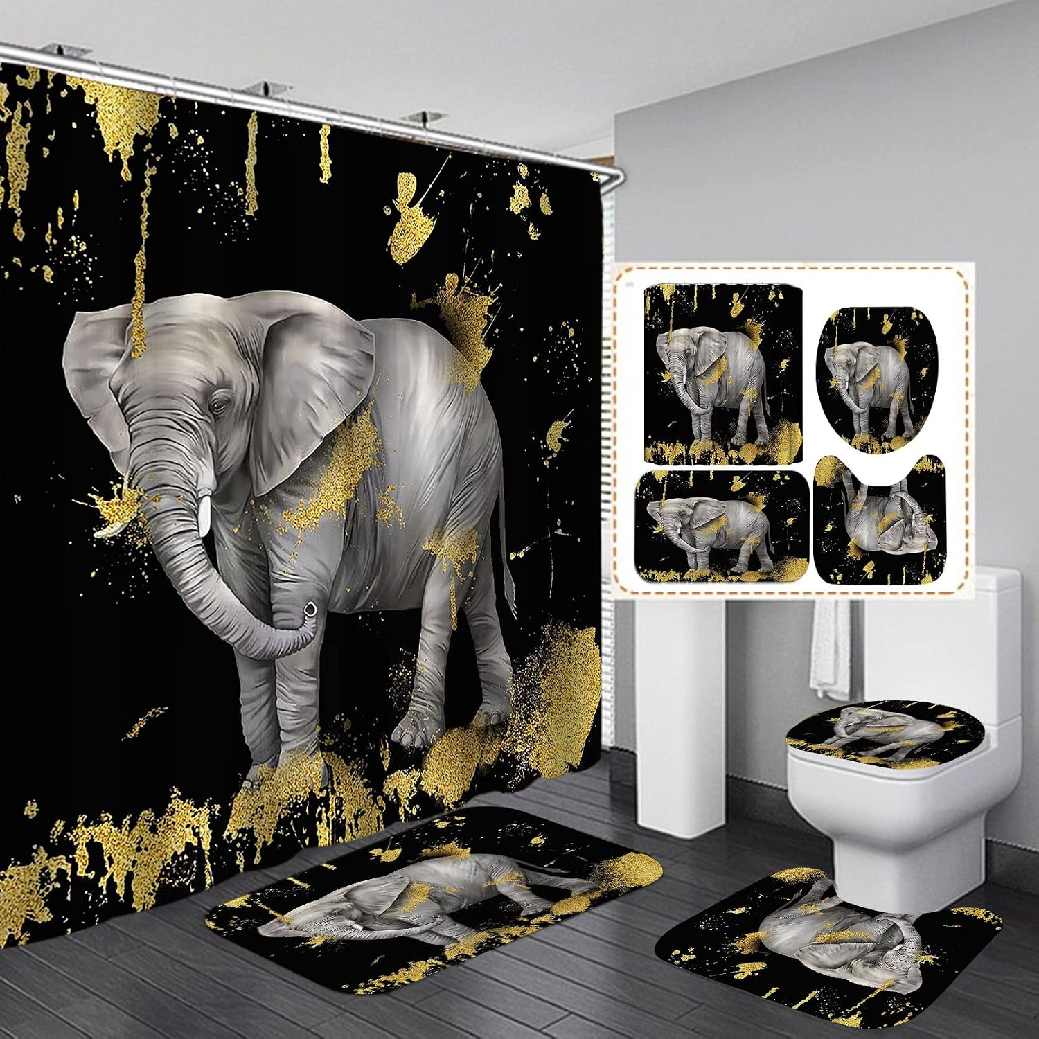 Fashion&Man OLEBETY 4PCS Cute Elephant Shower Curtain Set, African Wild Animal Wildlife Safari Glam Modern Bathroom Decor, Waterproof Fabric Black Curtain, Non-slip Bath Mat Toilet Rug, Gold Glitter