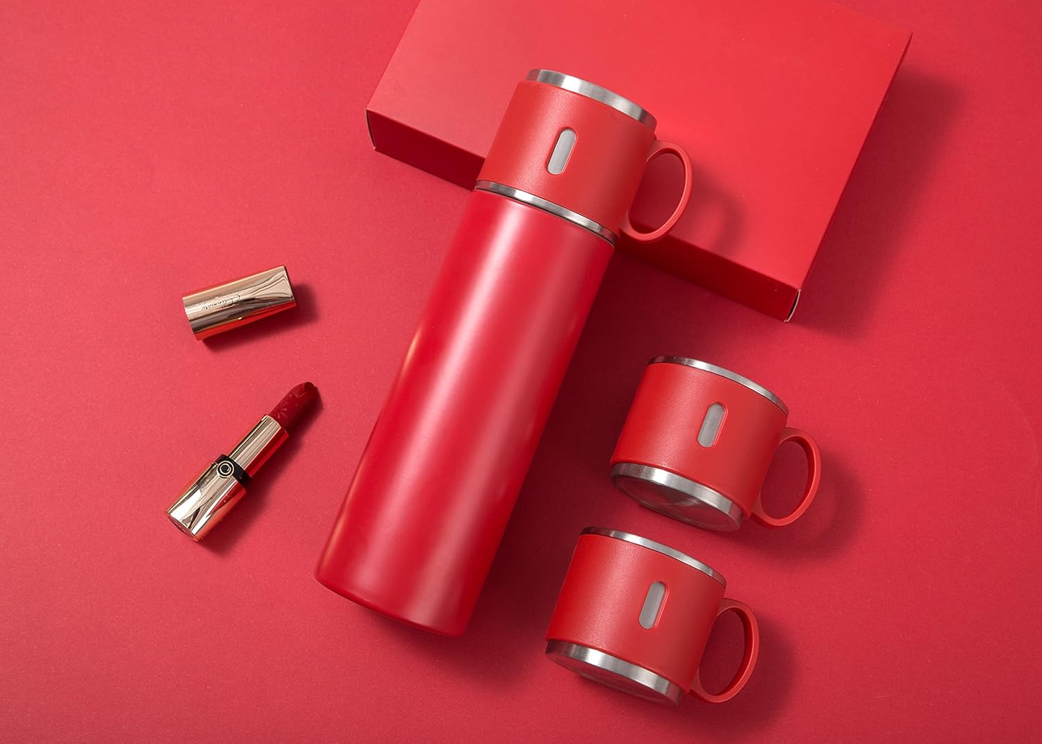 Vacuum Insulated Flask 500ml/17.6oz Stainless Steel Thermo Bottle with Cup for Coffee Tea Hot Drink and Cold Drink Travel Mug (Red)