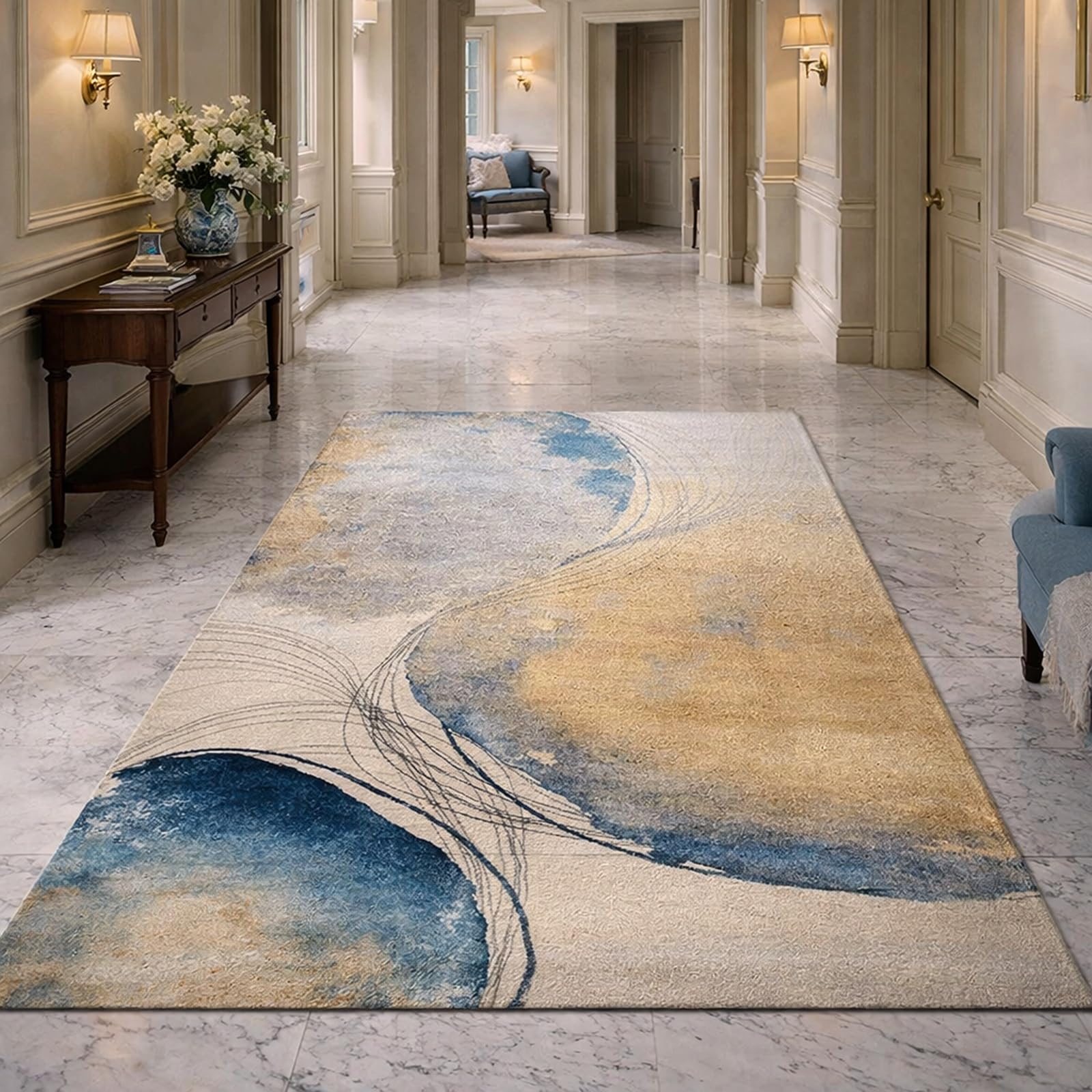 Tapis de salon jaune bleu gris beige grand format 200 x 280 cm