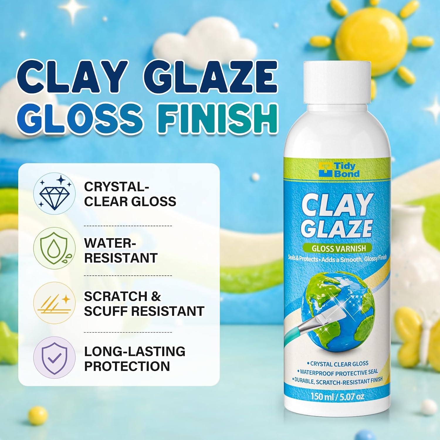 150ML Air Dry Clay Glaze, High Gloss Varnish & Protective Craft Sealer, Helps Prevent Cracking & Scratches for Pottery, Ceramics, Art Painting & DIY Crafts, Non-Toxic