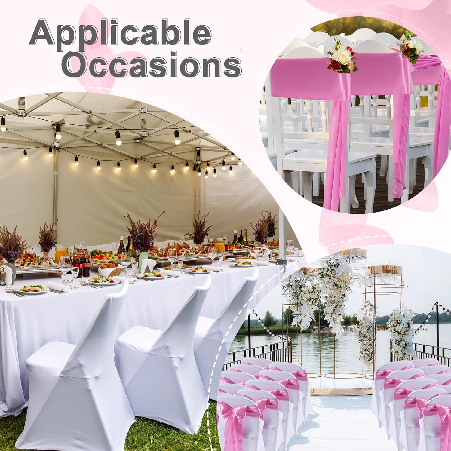 Lounsweer 50 Pcs Folding Chair Cover Set with 25 Stretch Spandex Slipcovers 25 Satin Chair Sashes Bows Ribbon Washable Banquet Protector for Wedding Event Party(White, Pink)