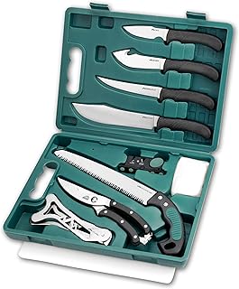 OUTDOOR EDGE Game-Pro, 11-Piece Hunting & Game Processing Knife Set with Caping, Boning, Butcher & Gut Hook Skinning Knives, Saw, Shears, Knife Sharpener, Rib Spreader, Gloves, & Cutting Board