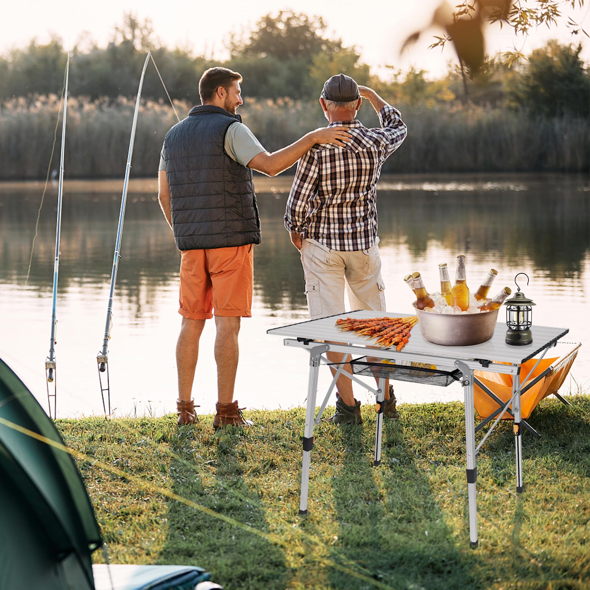 XMTECH Table de camping pliable en aluminium - Table de camping - Table de pique-nique - Table de voyage - Réglable en hauteur - Avec sac de rangement et sac de transport - 90 x 51,5 x 68 cm - Argenté