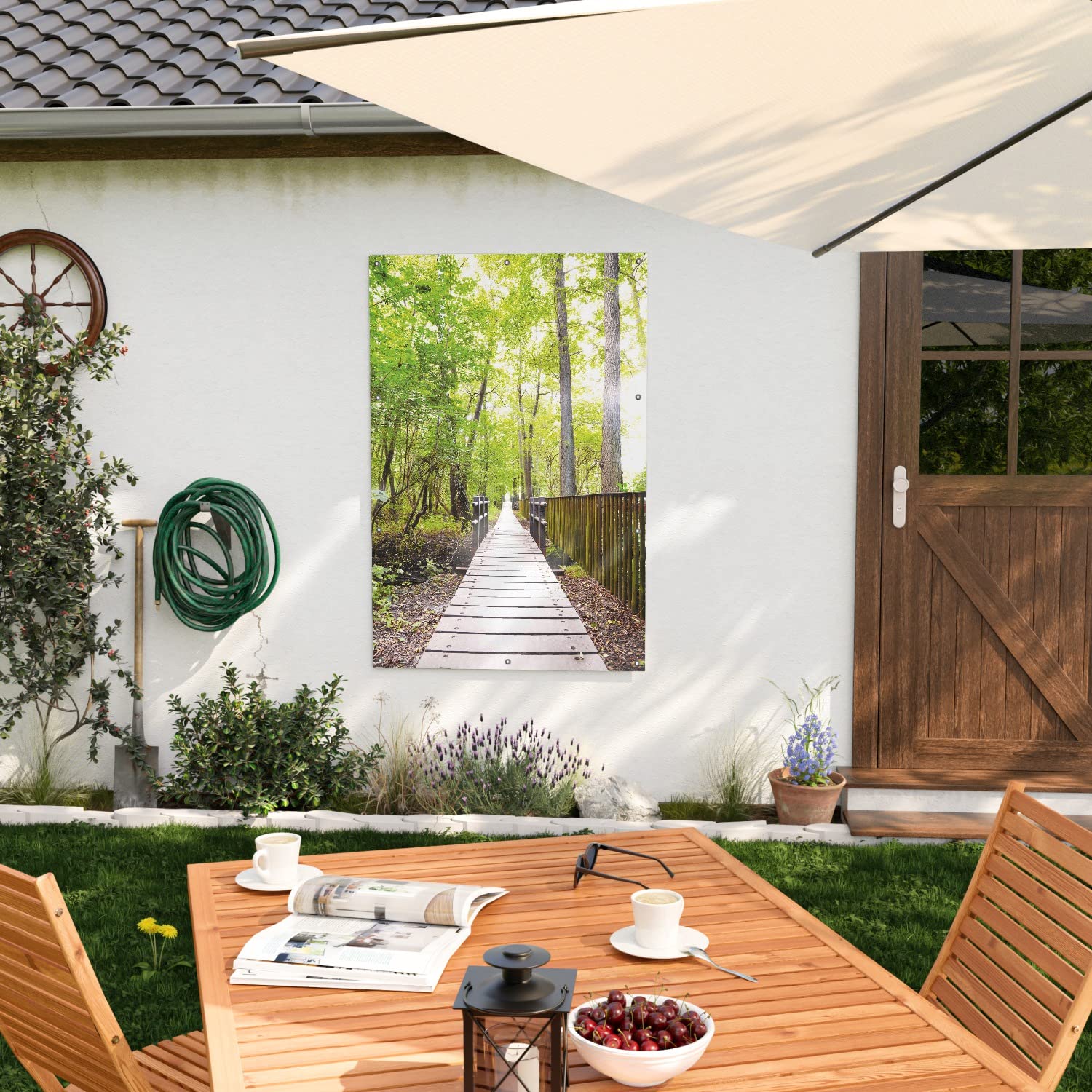 Wallario Outdoor-Poster für Garten oder Balkon Spaziergang im Wald Holzweg über einen Fluss, Motivbanner Größe: ca. 100 x 150 cm, Outdoor-Bild