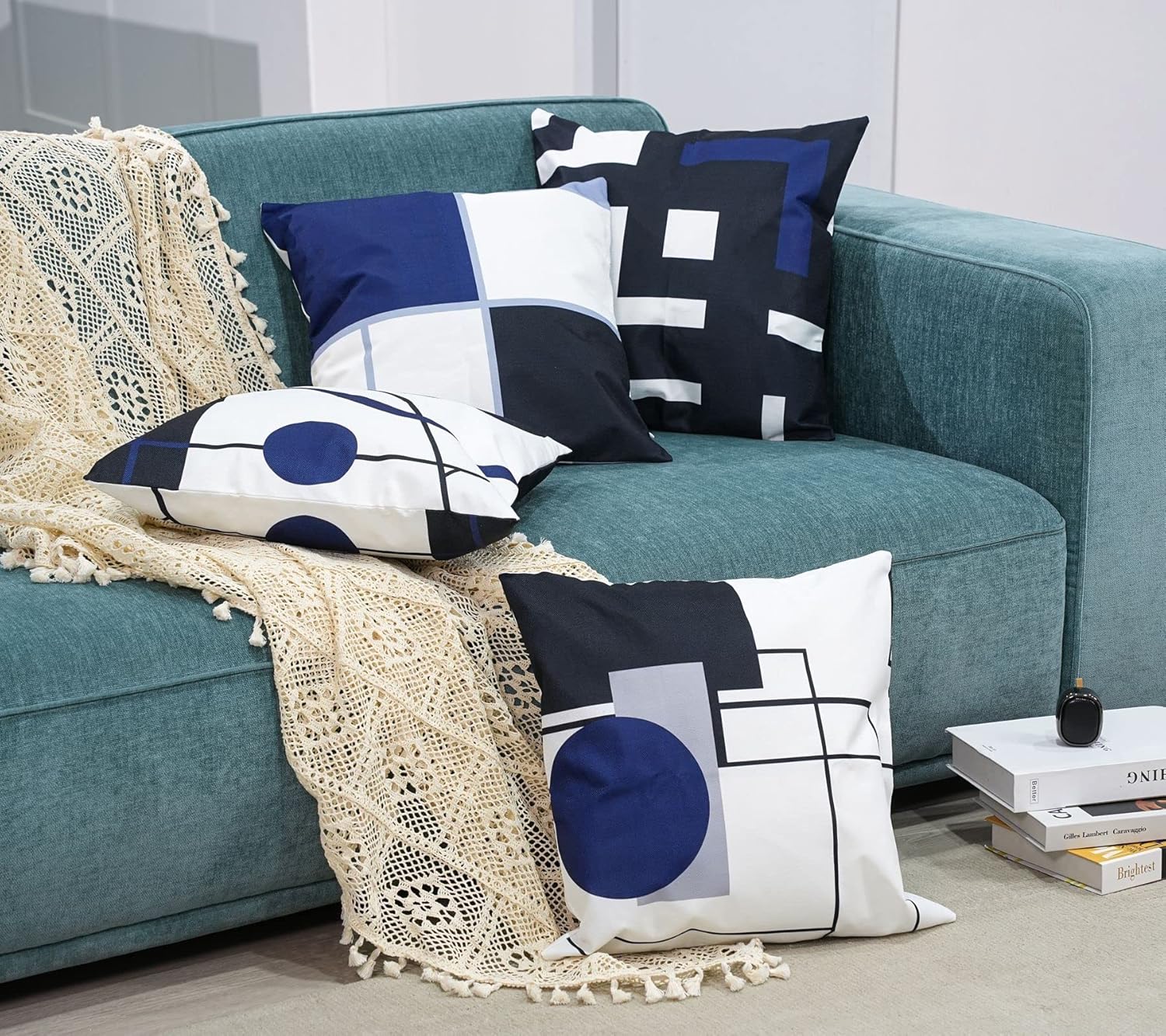 Black Dark Blue Geometric Decorative Cushion Pillow Covers Set of 4 20" x 20" Modern Geometric Grey Black and Red Grid Stripe Decor Irregular with Hidden Zipper Home for Couch Bed