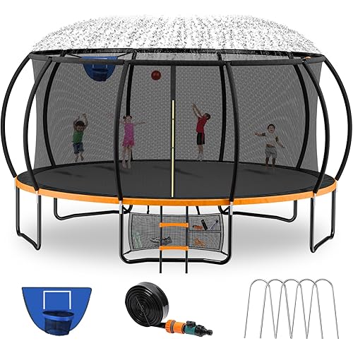 12FT 14FT 16FT Trampoline, Outdoor Trampolines for Kids and Adults, Recreational Big Trampoline with Basketball Hoop, Round Trampoline with Sprinkler for Backyard, ASTM Certified