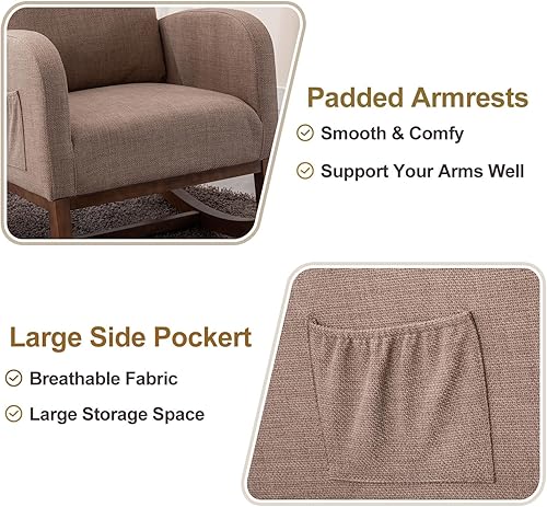 Miniatura 6 de Mecedora moderna, tapizada para guardería, cómoda silla con bolsillo lateral para sala de estar (beige)