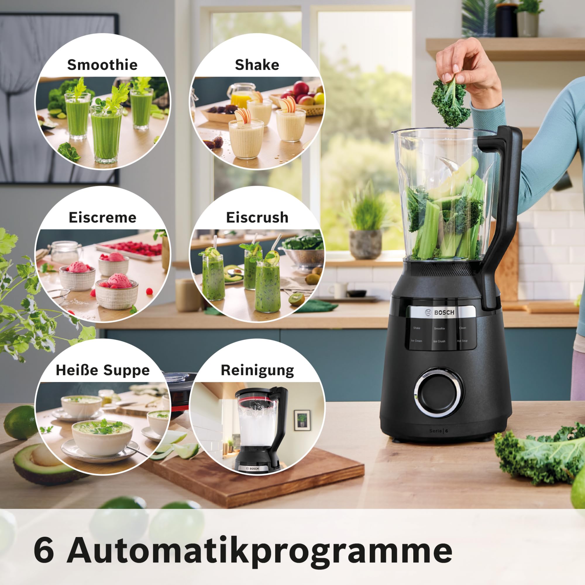 Bosch Hochleistungsmixer, Smoothie Maker, 1800W, 45.000 U-min, Programme für heiße Suppe & Reinigung, 2L, spülmaschinenfeste Teile, Made in Europe, schwarz, VitaPower Serie 6 MMB6652B