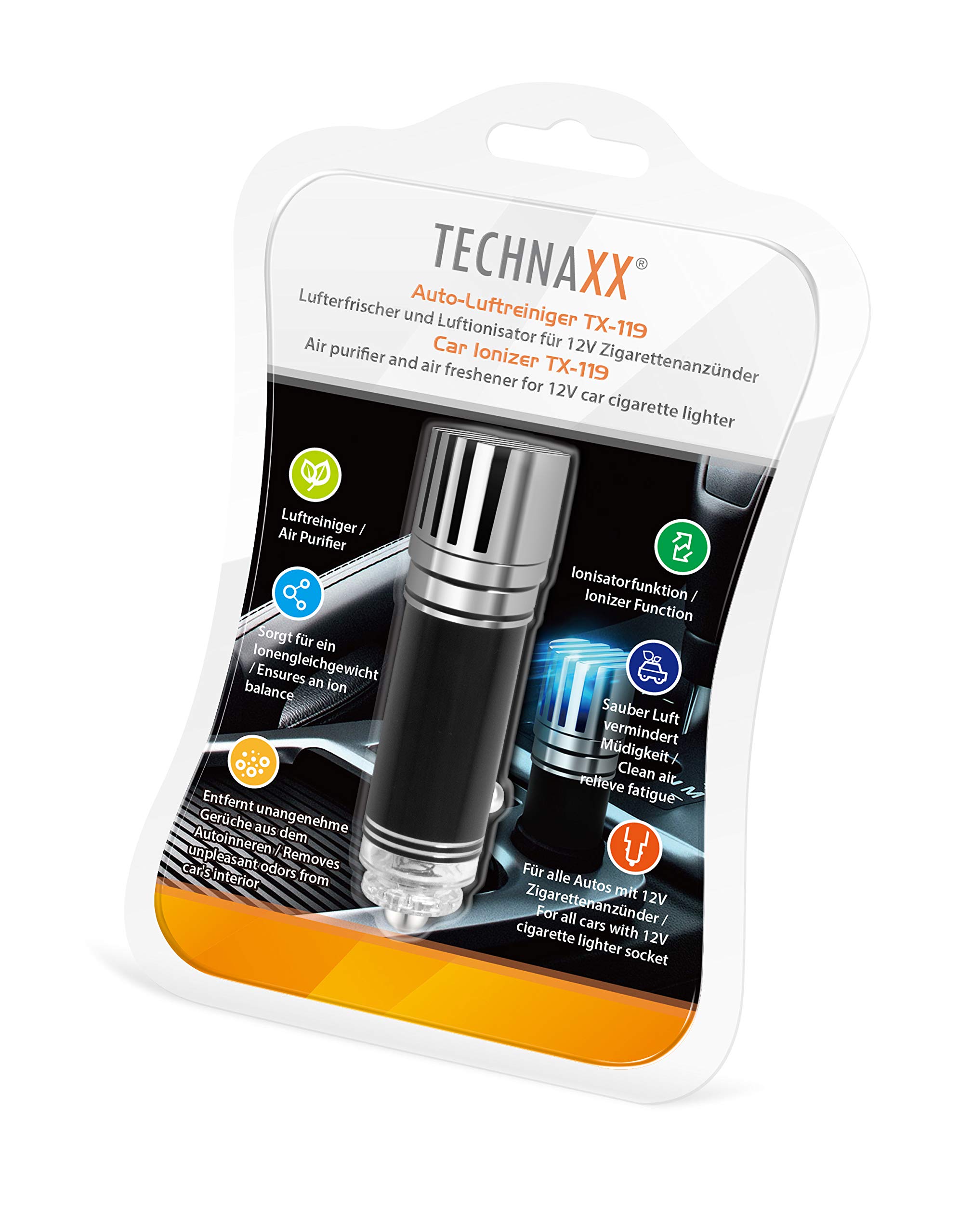 Technaxx Samochodowy oczyszczacz powietrza TX-119 oczyszczacz powietrza i jonizator powietrza do gniazda zapalniczki samochodowej 12 V, do każdego rodzaju samochodu, czarny