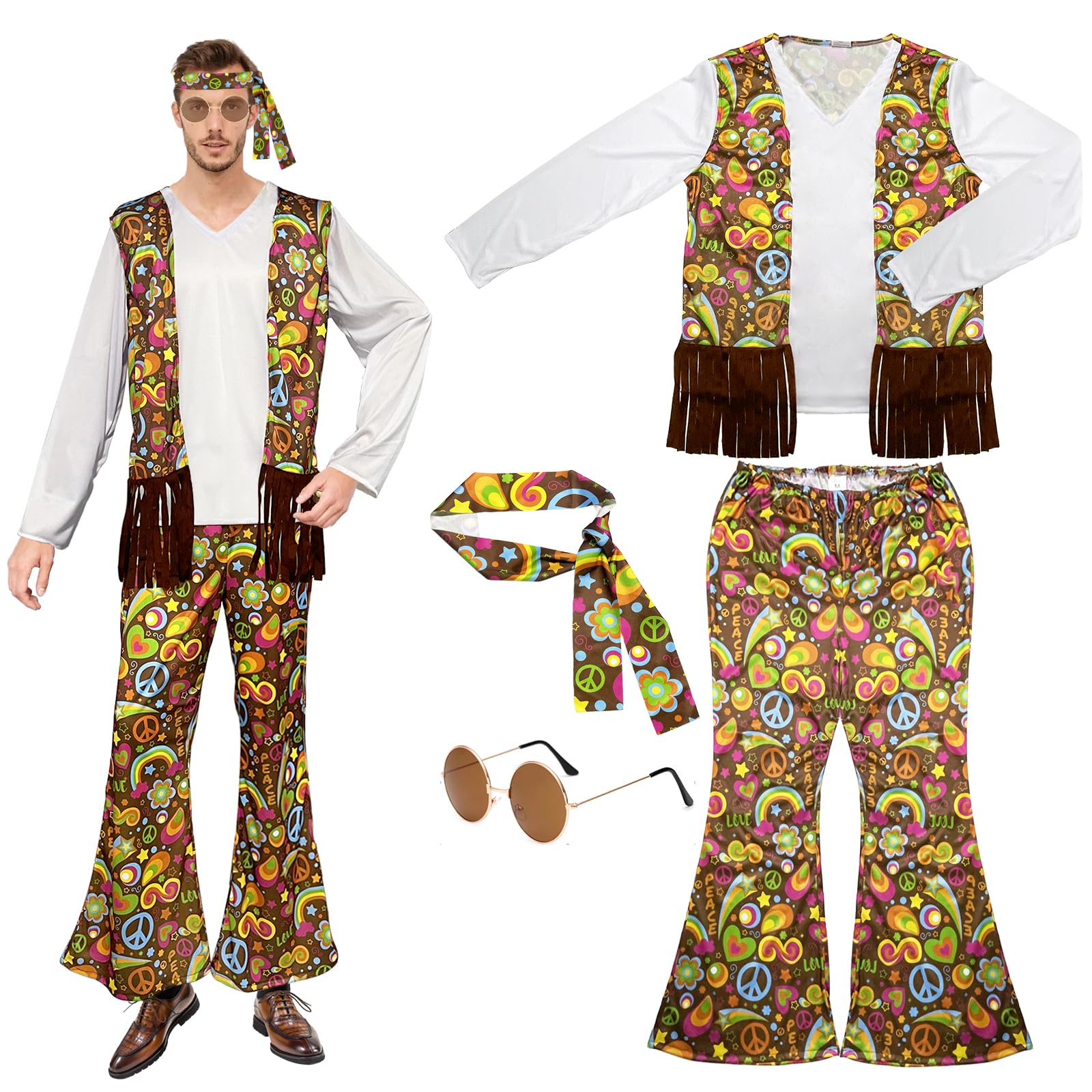 Disfraz De Hippie Para Adultos Hombre,Disfraz Discoteca Para Hombre Los Años 70,Carnaval Juego De Disfraces Con Camisa,Pantalones Acampanados,Diadema,Para Carnaval Mascarada Cosplay Fiesta Disfraz