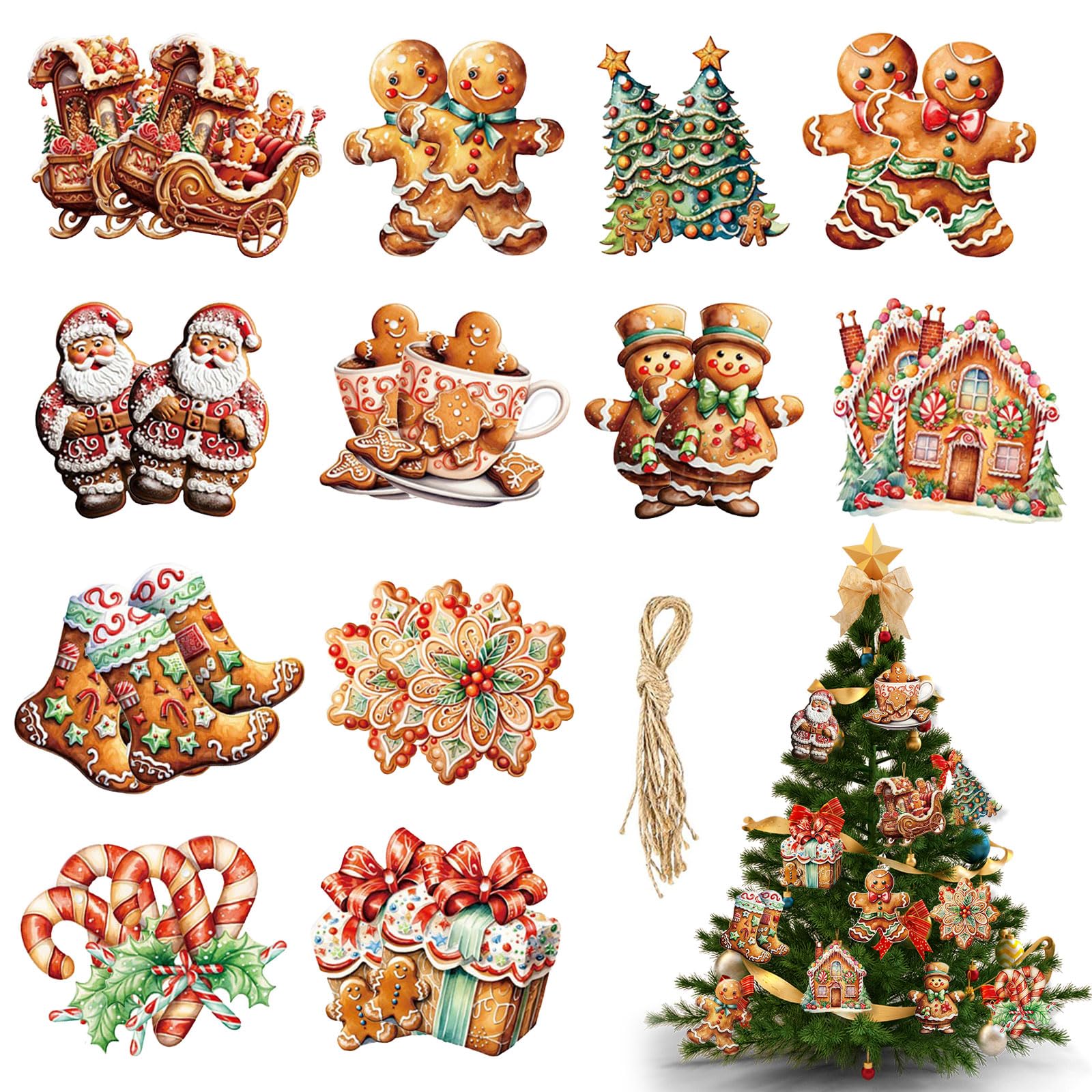 Viilich 24 adornos para árbol de Navidad, diseño de hombre de jengibre, muñeco de jengibre con cuerda, para decoración de Navidad, decoración de casa