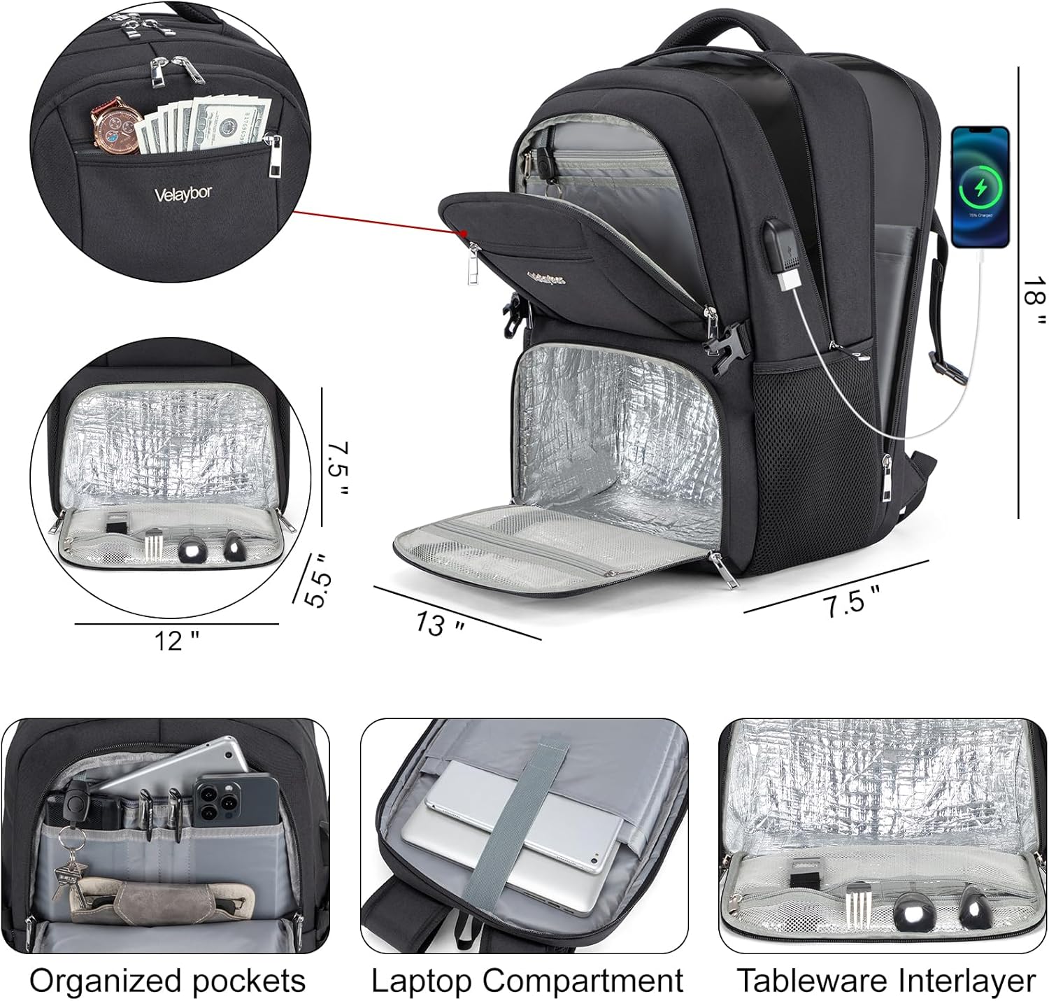 Insulated Lunch Backpack Fit 17" Laptop, Work Backpack with Lunch Box & USB Charging Port for Men & Women, Water Resistant College Computer Bag for Travel, Business, Hiking (Black) - Image 2