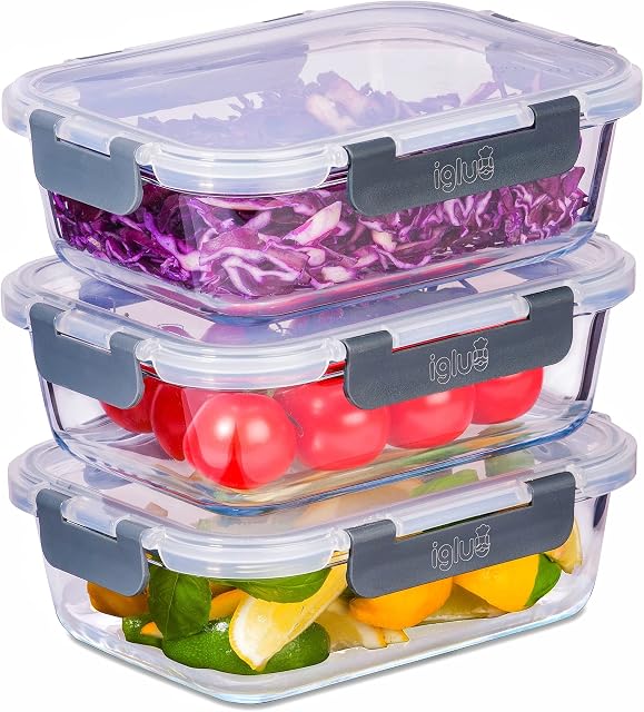 Igluu Meal Prep - Glass Containers with Leak-Proof Snap Lock Lids - Airtight Portion Control Food Storage. BPA-Free, Microwavable, Oven & Dishwasher-Safe 1050ml (3 Pack)