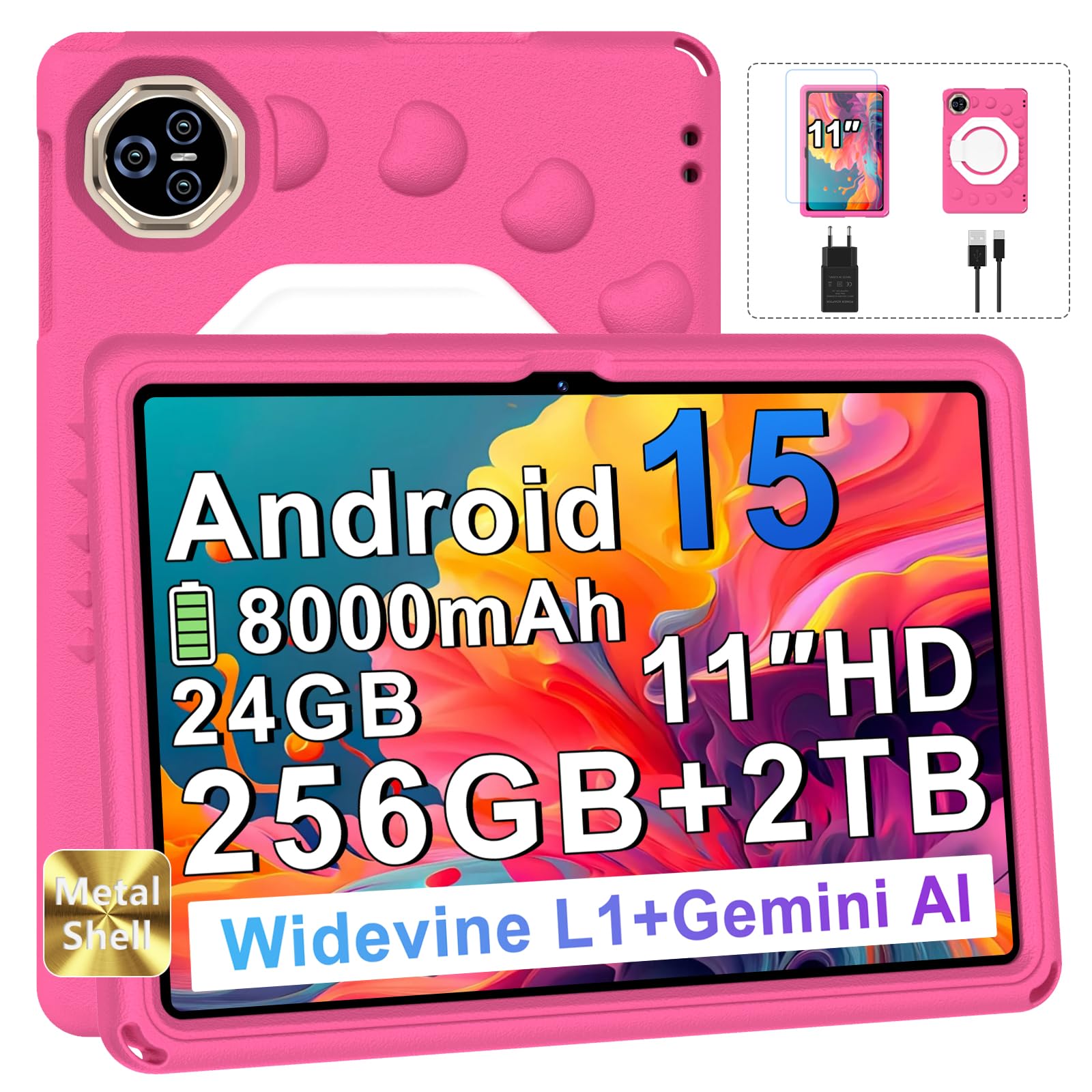 Tablette 11 Pouces Android 15, 24Go+256Go/2To, Octa-Core, Gemini AI/Widevine L1, 8000 mAh, 13MP+5MP, Boîtier Métallique, Grande Tablette avec EVA Silicone Étui Protection-Rose