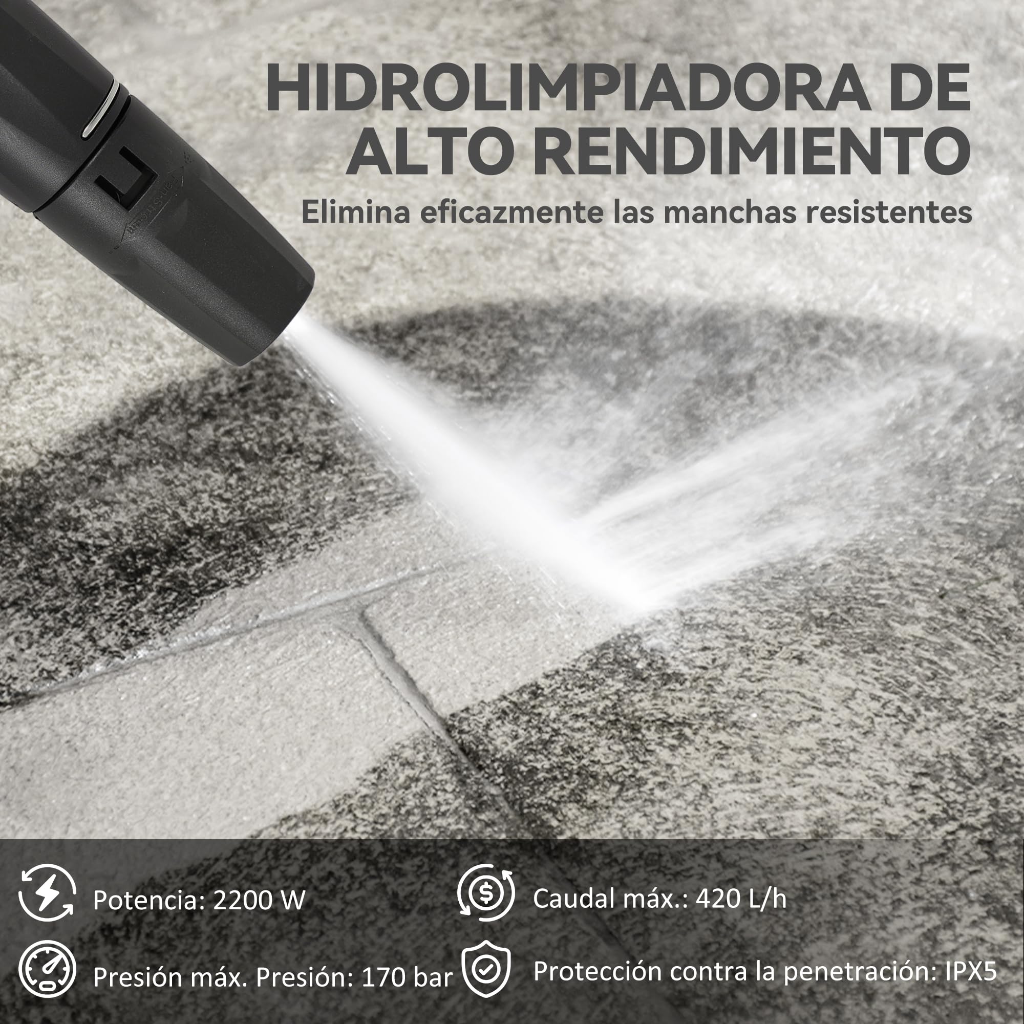 Outsunny Hidrolimpiadora de Alta Presión 2200W, Presión 170 Bar, Caudal 420 L/h, con Bomba de Aluminio, Parada Automática, Manguera de 6 m, Incluye Botella de Espuma y Boquilla Ajustable Verde y Negro
