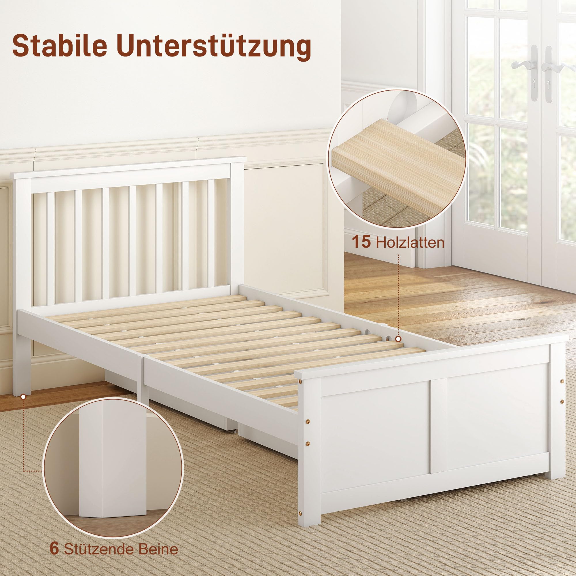 HOMCOM Bett 90 x 200 cm Bettrahmen mit Lattenrost, Schublade, Weiß