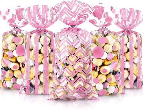 105 bolsas de celofán para baby shower, bolsa de dulces de revelación de género, bolsas de plástico impresas con rayas de lunares con 100 lazos