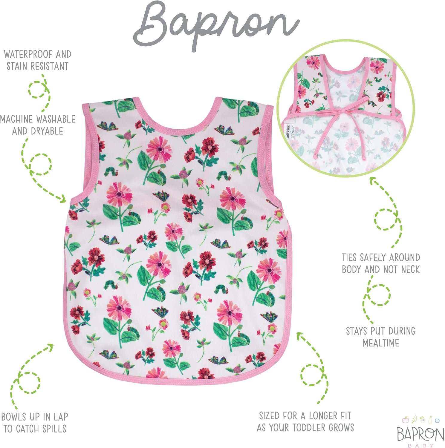 BapronBaby Eric Carle Pink Floral Caterpillar Bundle - Bapron (Sz Baby/Toddler 6m-3T) + Wet Bag 11" x 9" Bundle - Soft Waterproof Stain Resistant Bib - Machine Washable