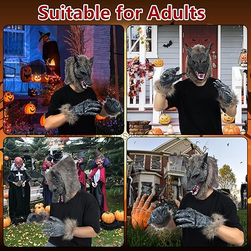 Miniatura 9 de Máscara de lobo de Halloween y guantes para fiesta, disfraz de hombre lobo, máscara y guantes para la cabeza para mascarada, bromas de Halloween,