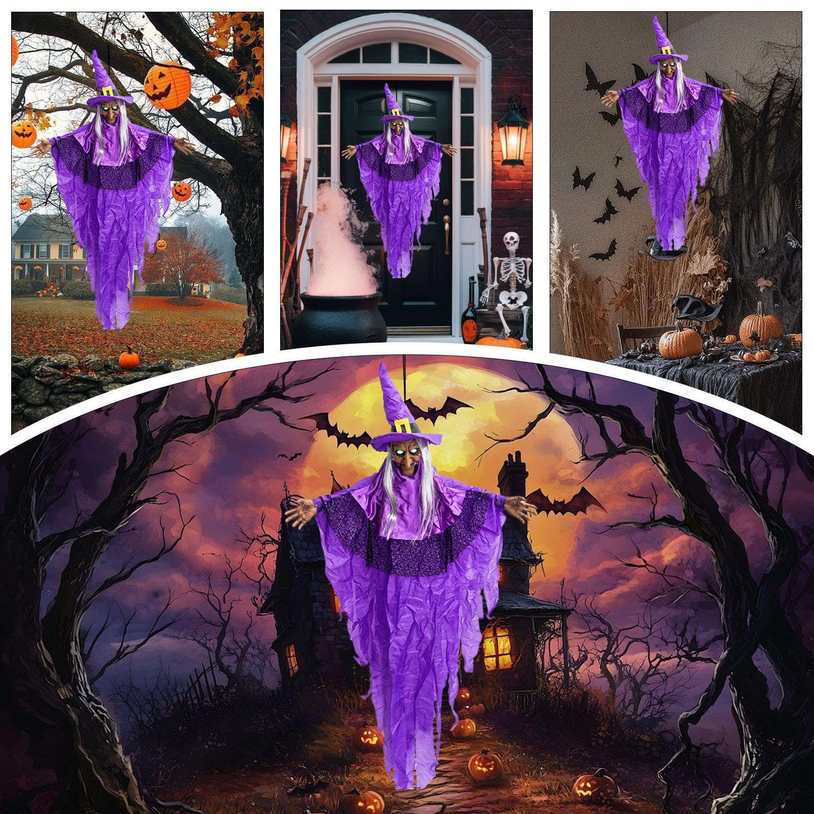 Wisz?ca wied?ma – naturalnej wielko?ci mówi?ca czarownica do zawieszenia | efekty ?wietlne, aktywacja ha?asem, figurka dekoracyjna do ogrodu, taras, ?wi?ta, Halloween