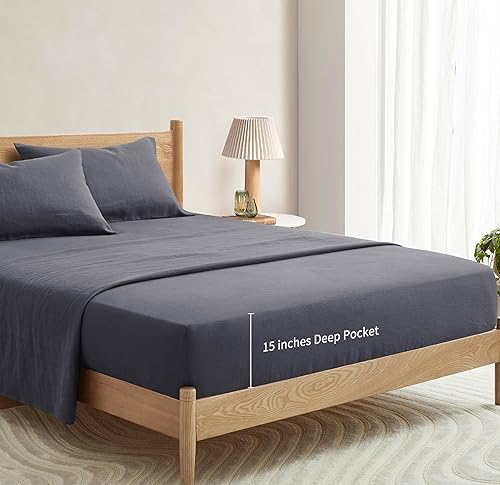 Miniatura 5 de ATLINIA Funda de colchón 100 % lino, 1 pieza lavada a la piedra con bolsillo profundo de 15 pulgadas hecha de lino puro francés, ropa de cama