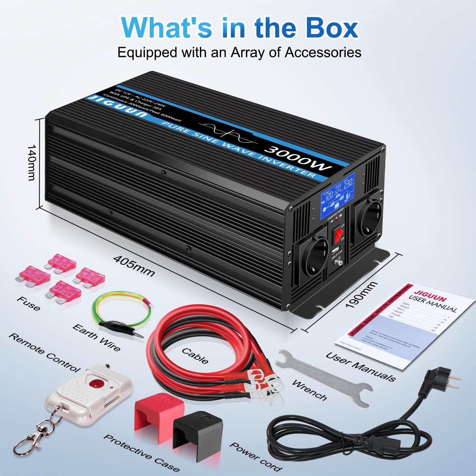 JIGUUN 3000W Convertisseur 12V 220V Pur Sinus | Chargeur 30A et Fonction priorité Secteur et ASI，2 Prises EU，Commande sans Fil et Affichage LCD Puissance de crête 6000W
