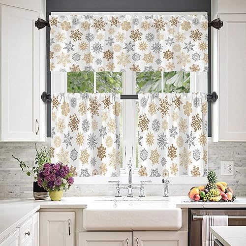 Miniatura 2 de BaoNews Cenefas de cocina de copos de nieve de Navidad para ventanas, copos de nieve dorados para cenefas opacas de Navidad, cortinas de poliéster