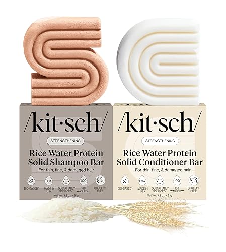 Miniatura 3 de Kitsch Set de champú y acondicionador de agua de arroz, barra sólida de champú y acondicionador con proteína para fortalecer el cabello y reparar