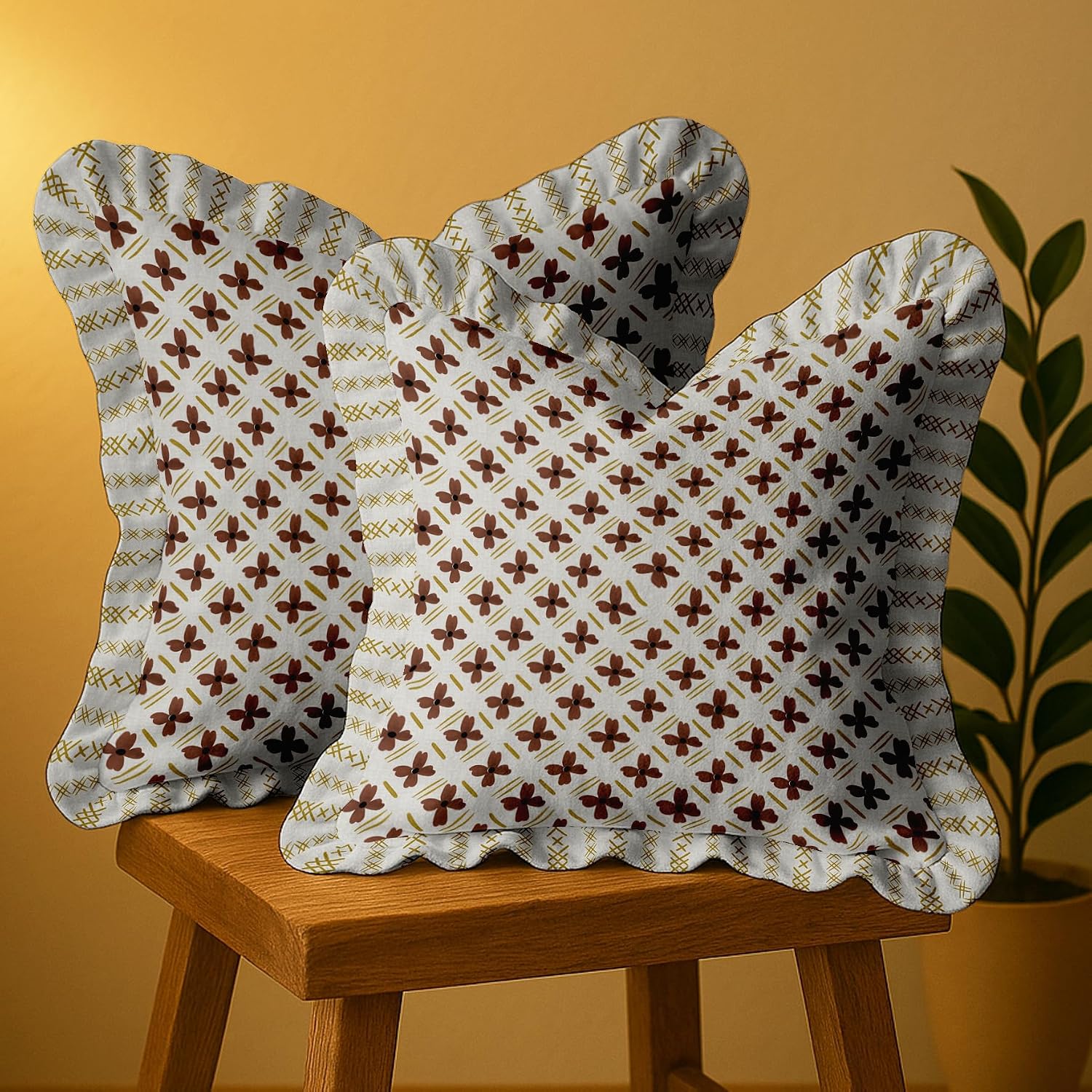 Throw Pillow Covers Set of 2-100% Cotton Twill, Frilled Edge, Double Sided Print, 16 x 16 Inch Decorative Cushion Covers, Hidden Zip, No Filler - Florals Print