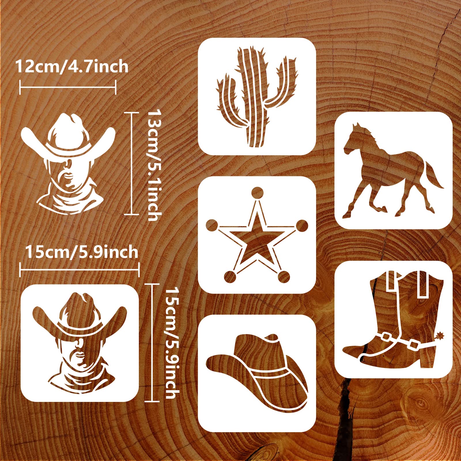 FINGERINSPIRE 3 Pcs Western Thème Pochoir 30x30cm Cowboy Bottes Chapeaux Pochoir Modèle Plastique Police Badges Vache Crâne Motif Peinture Pochoir Pochoir Réutilisable Pour Mur Meubles Décoration