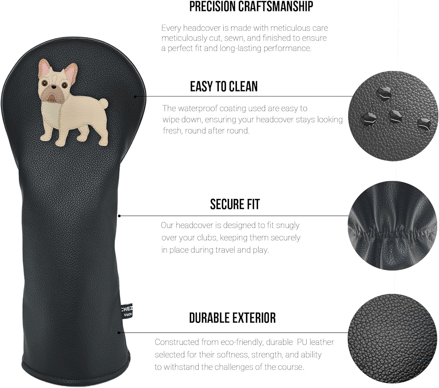 White French Bulldog PU Leather Golf Club Covers Driver Headcovers Fairway Woods Hybrid Protector with Interchangeable Number Tag