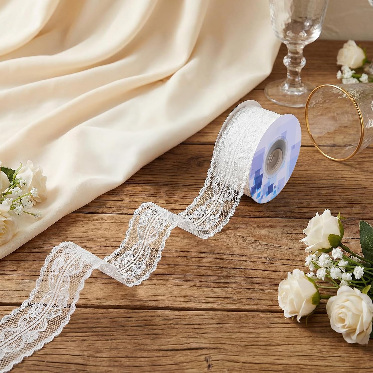 White Lace Ribbon Lace Fabric Floral Ribbon for Gift Wrapping White Vintage Crocheted Floral Ribbons Sewing Crafts Dress Bridal Wedding Decoration