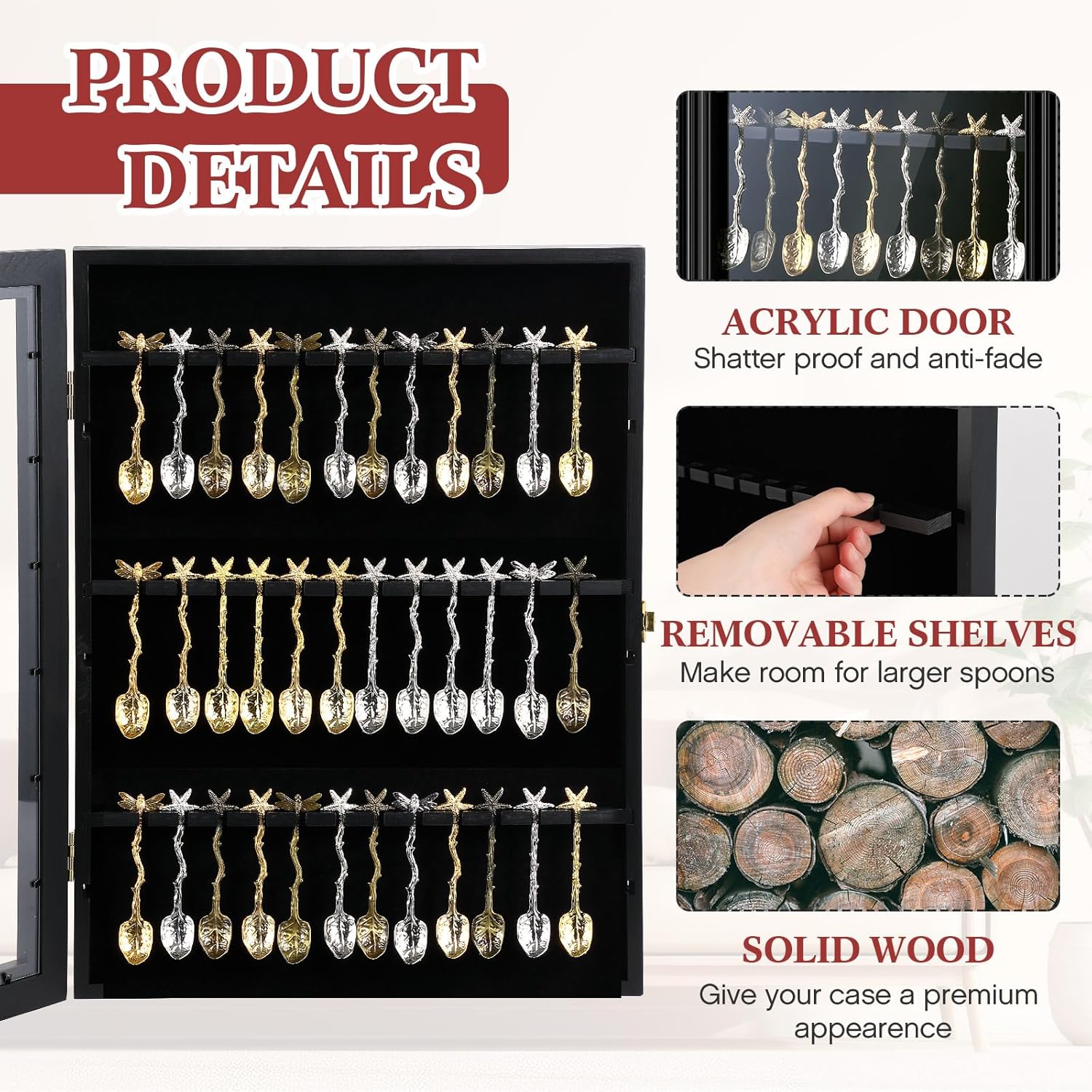 Tea Spoon Display Case Wall Mount Wooden Case Cabinet W/98% UV Acrylic Door Lockable Storage Display Box for Teaspoon Collection(Black Finish,36 Souvenir Spoon)