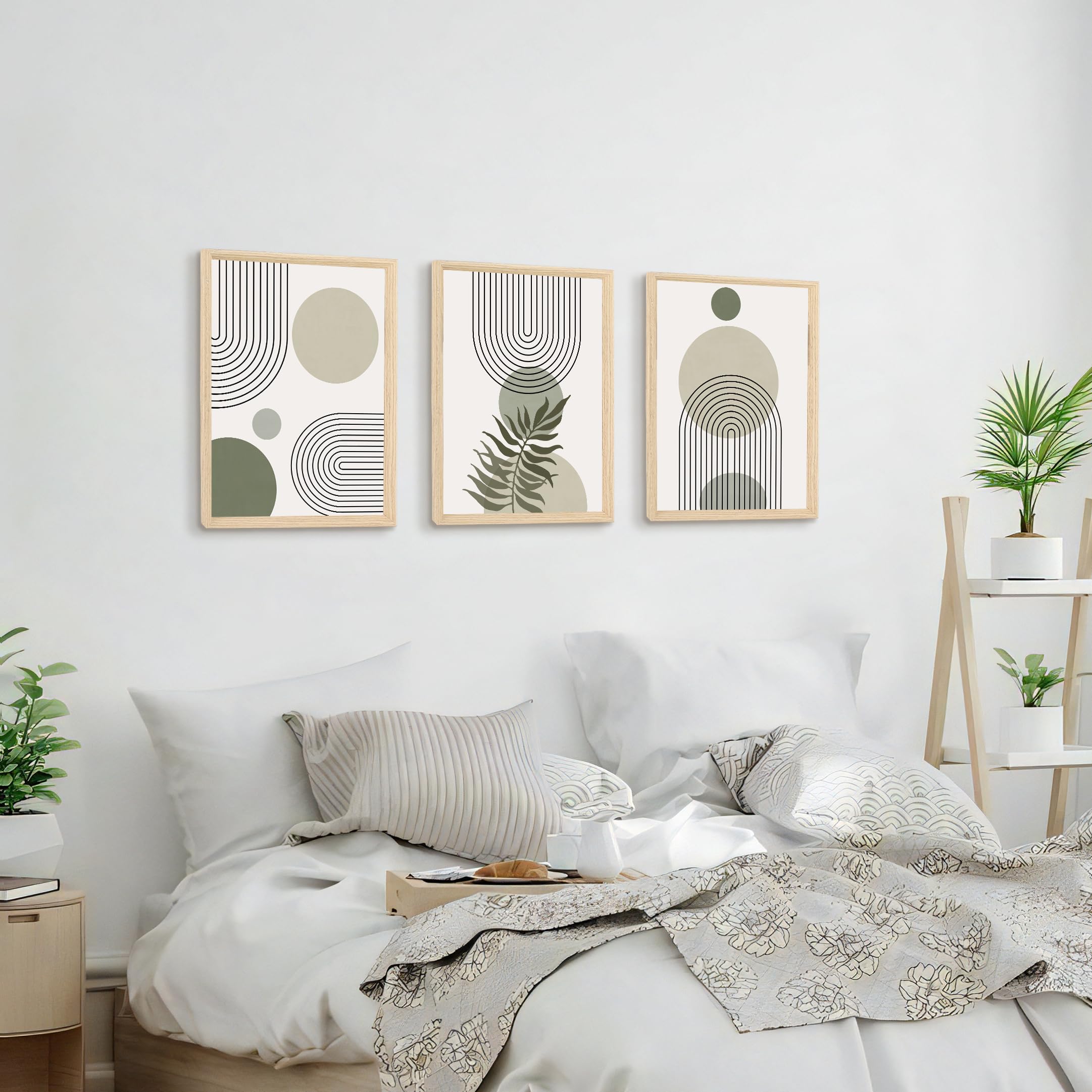 3 Pcs Wooden Framed Canvas Wall Art Set Bohemian Sage Green Canvas Prints Poster Geometric Line Beige Green Pictures for Living Room Bedroom Dinning Room Hallway Stairs Wall Decor 30x40cm x3pcs — view 261