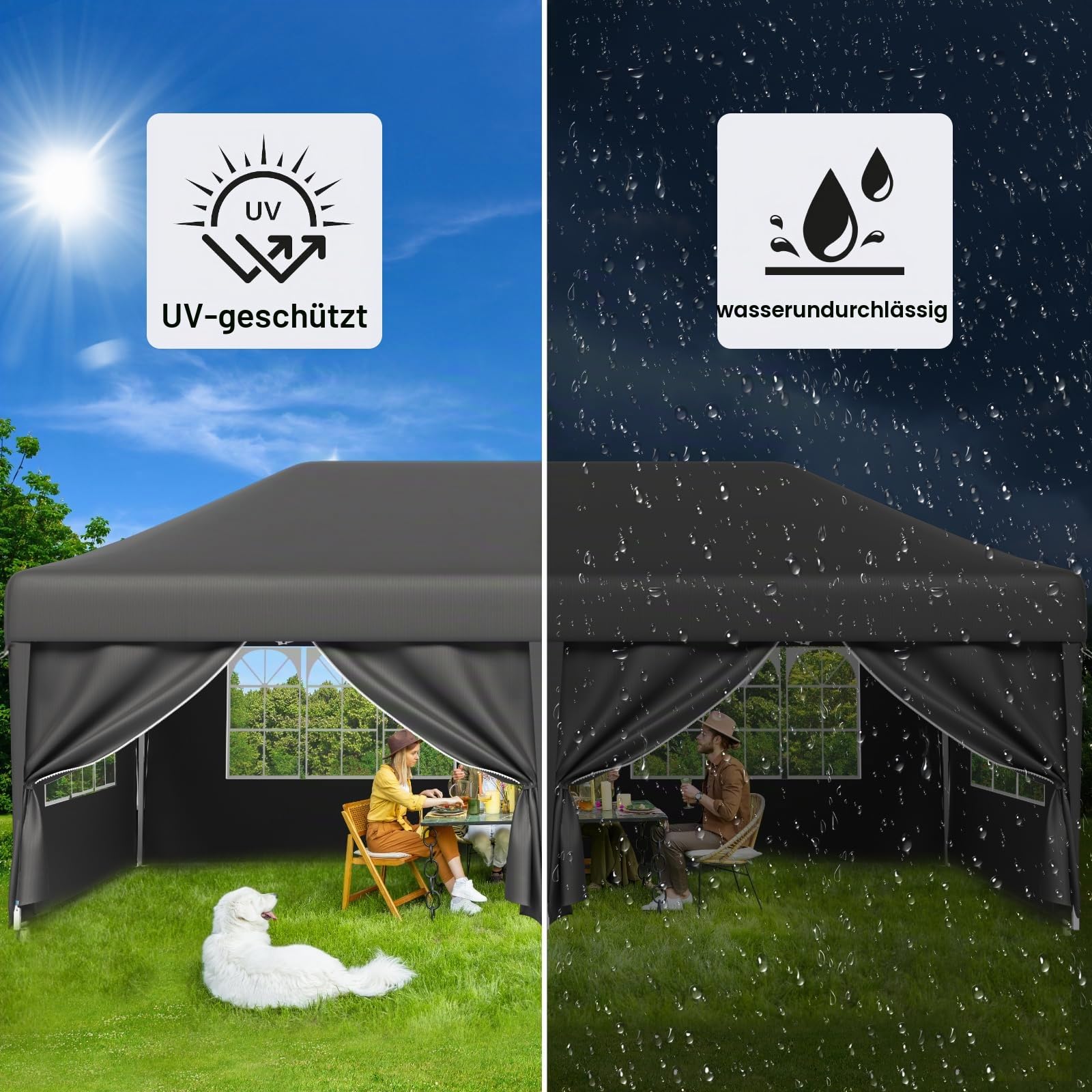 TRIUMPHKEY Pavillon 3x6 UV-Schutz 50+, Faltpavillon 3x6 Wasserdicht Stabil mit 6 Seitenwänden, Partyzelt mit Tragetasche, Höhenverstellbarer Gartenpavillon Für den Außeneinsatz Geeignet, Grau