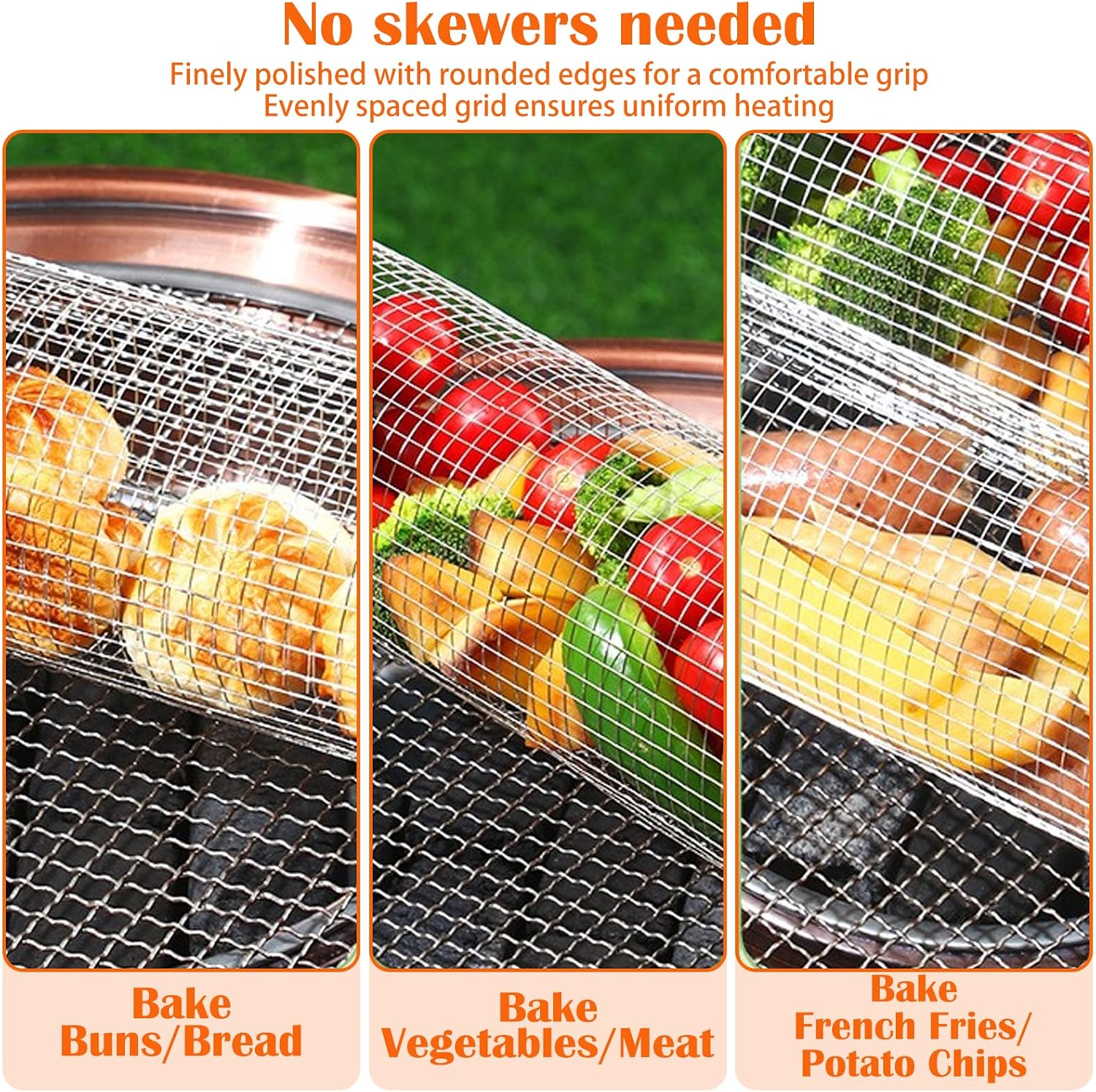 Grill Basket Set 304 Food Grade Stainless Steel with Removable Wooden Handle, Nesting Design BBQ Grill Basket,Portable Grilling Accessories for Camping Backyard Party (Style A,L+ M + Stand)