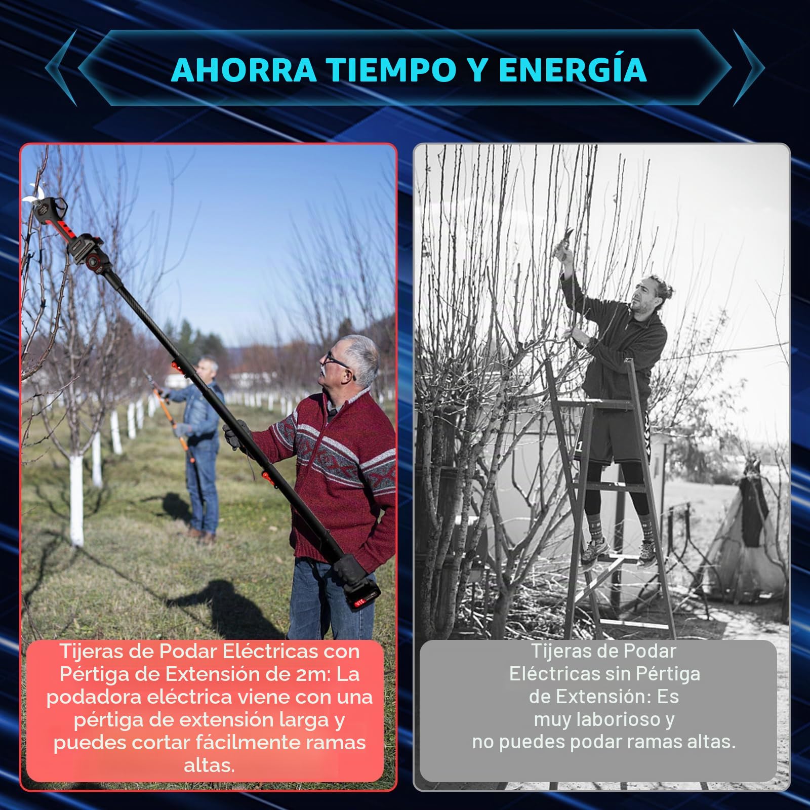 Tijera de Podar Electricas de 50mm con Alargador: Tijeras de Podar Bateria Profesional con 2 Baterías de 21V/2000 mAh-Podadora Eléctrica con pantalla LCD para Jardinería,Olivos Ramas(Negro)