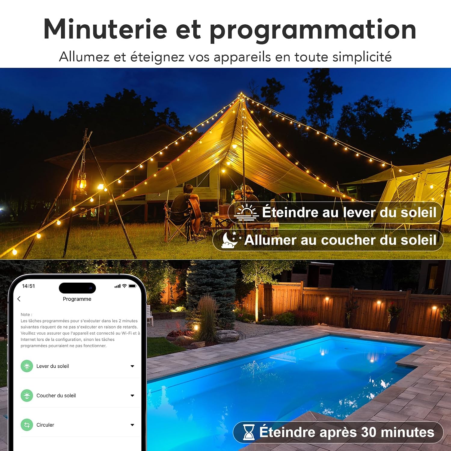 Smart Life app interface showing timer and scheduling options for the EIGHTREE ET72, with examples like turning off at sunrise and turning on at sunset.